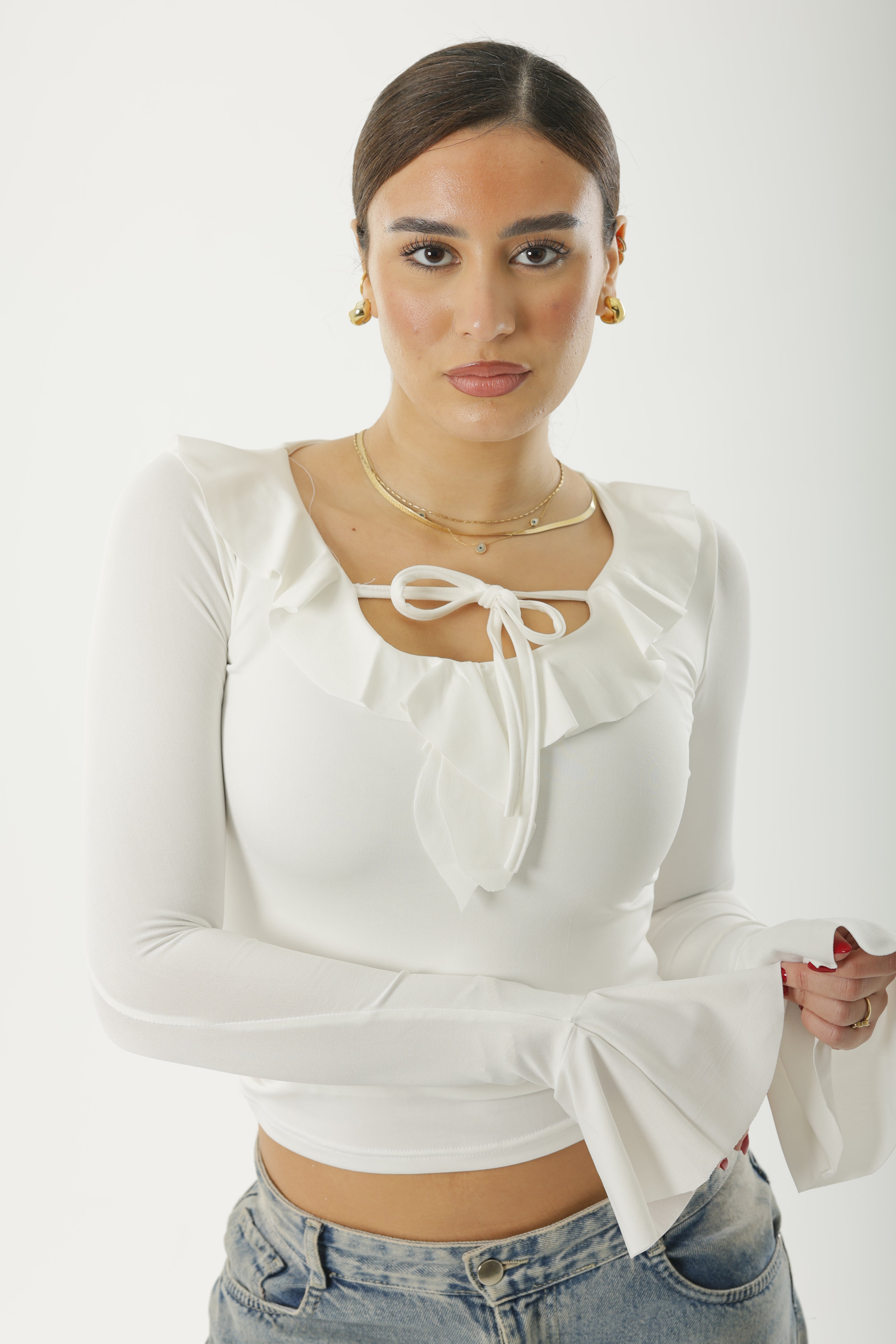 Ruffle Bow Basic Long Sleeve White