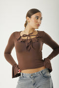 Ruffle Bow Basic Long Sleeve Brown