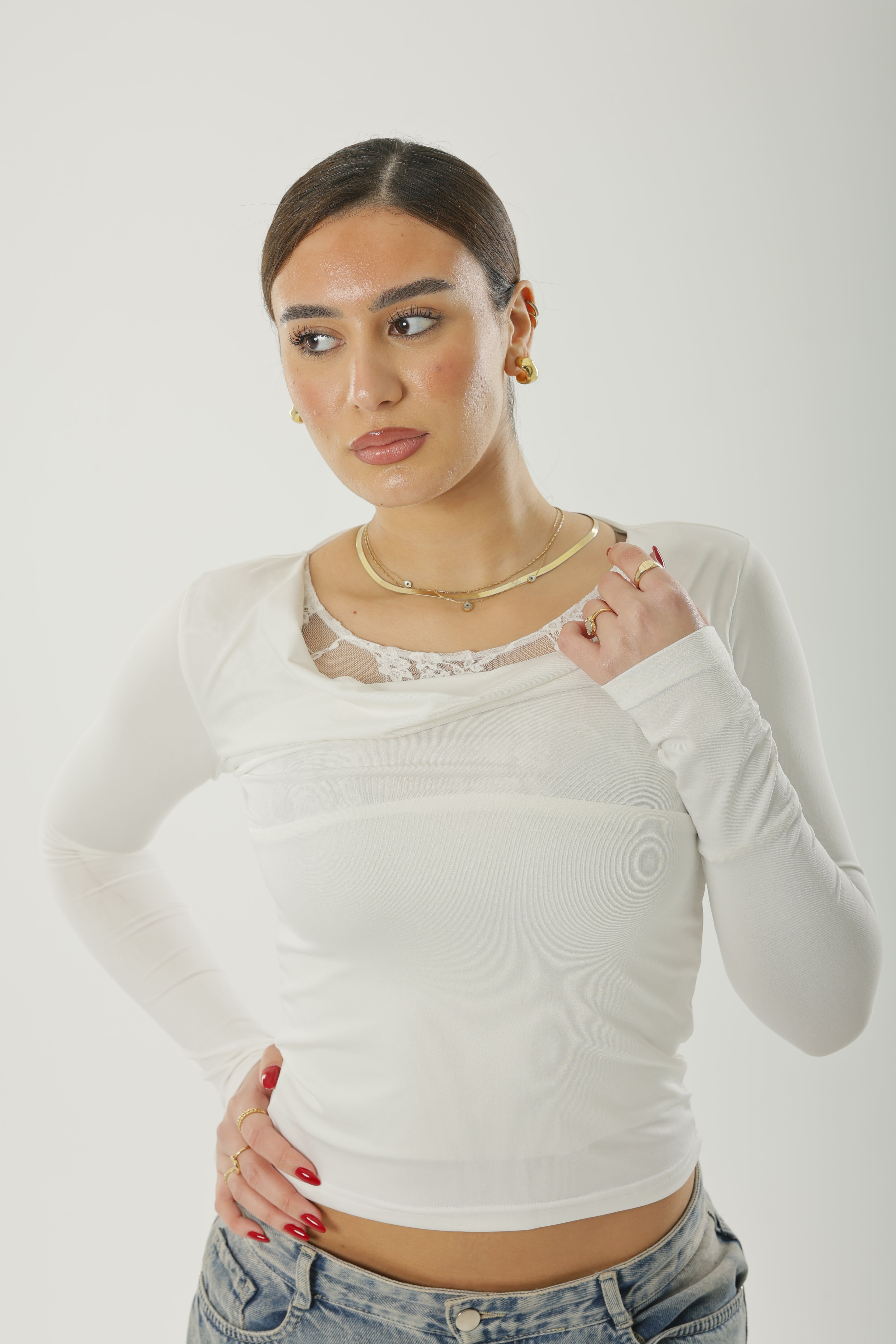Frill Lace Basic Long Sleeve White