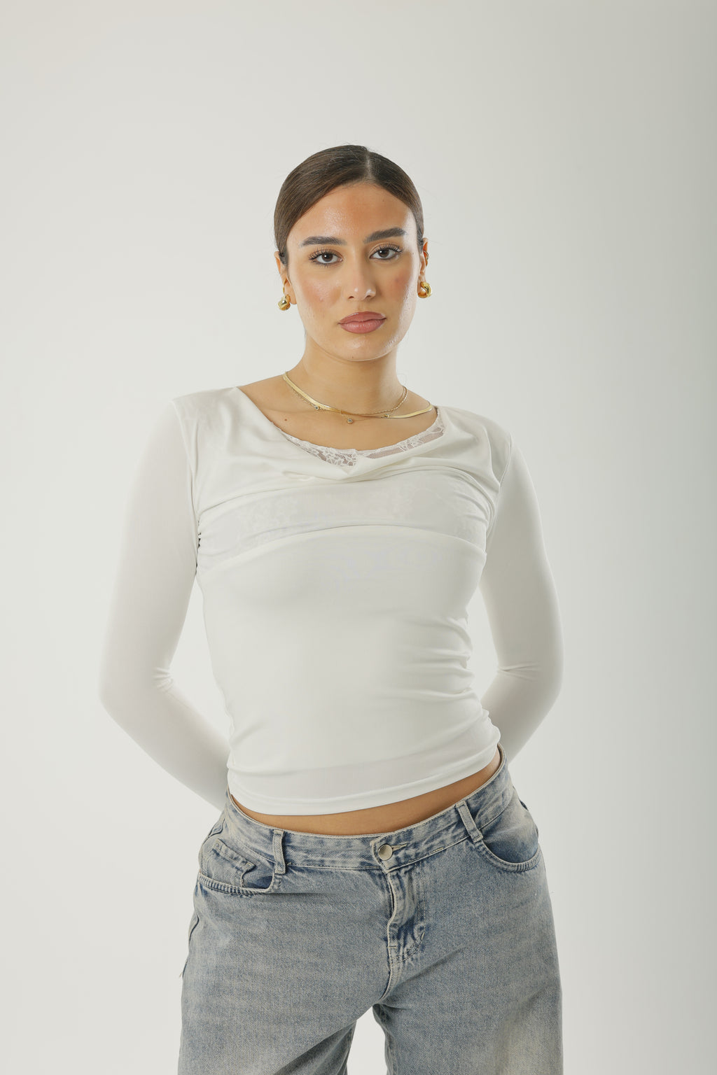 Frill Lace Basic Long Sleeve White