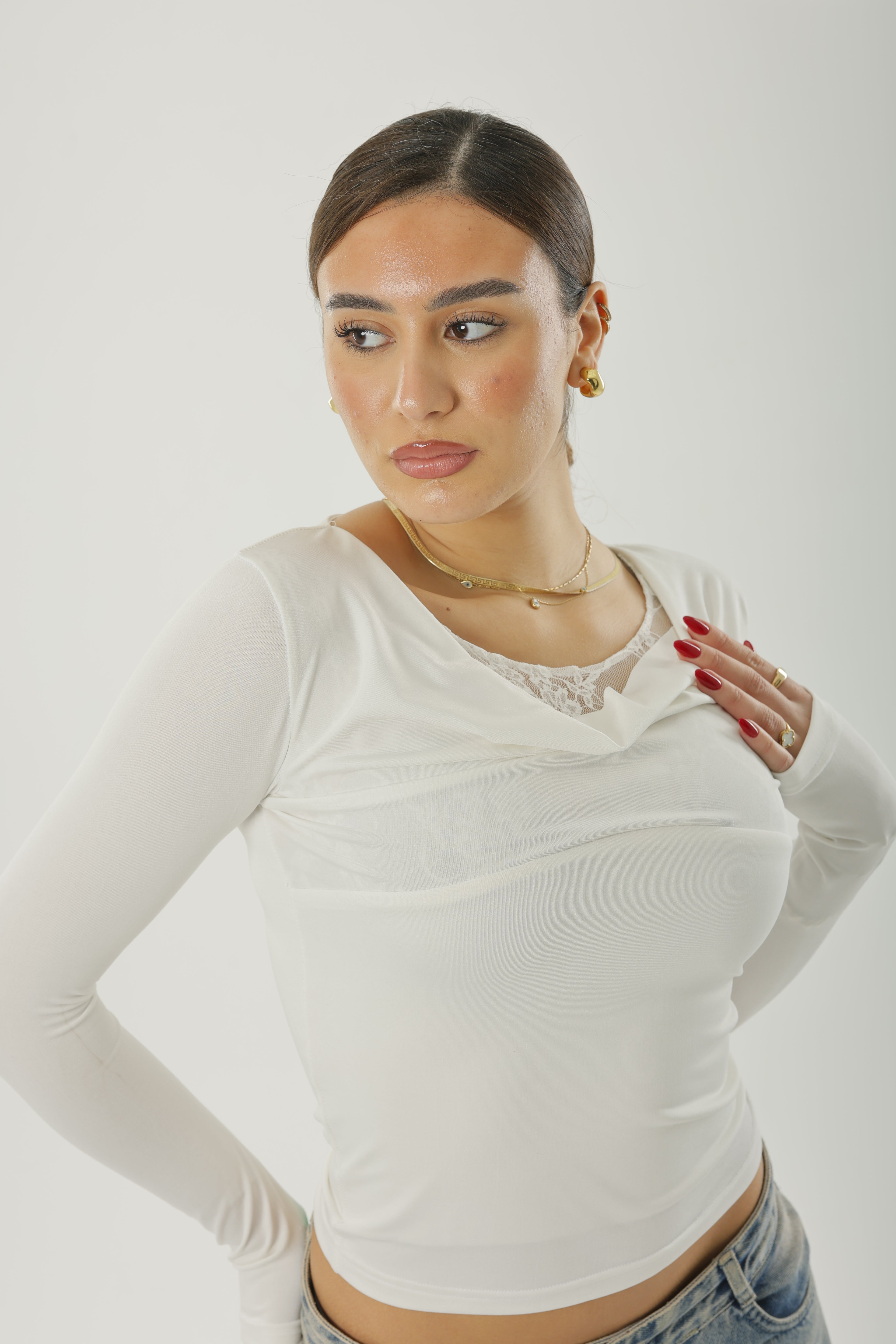 Frill Lace Basic Long Sleeve White