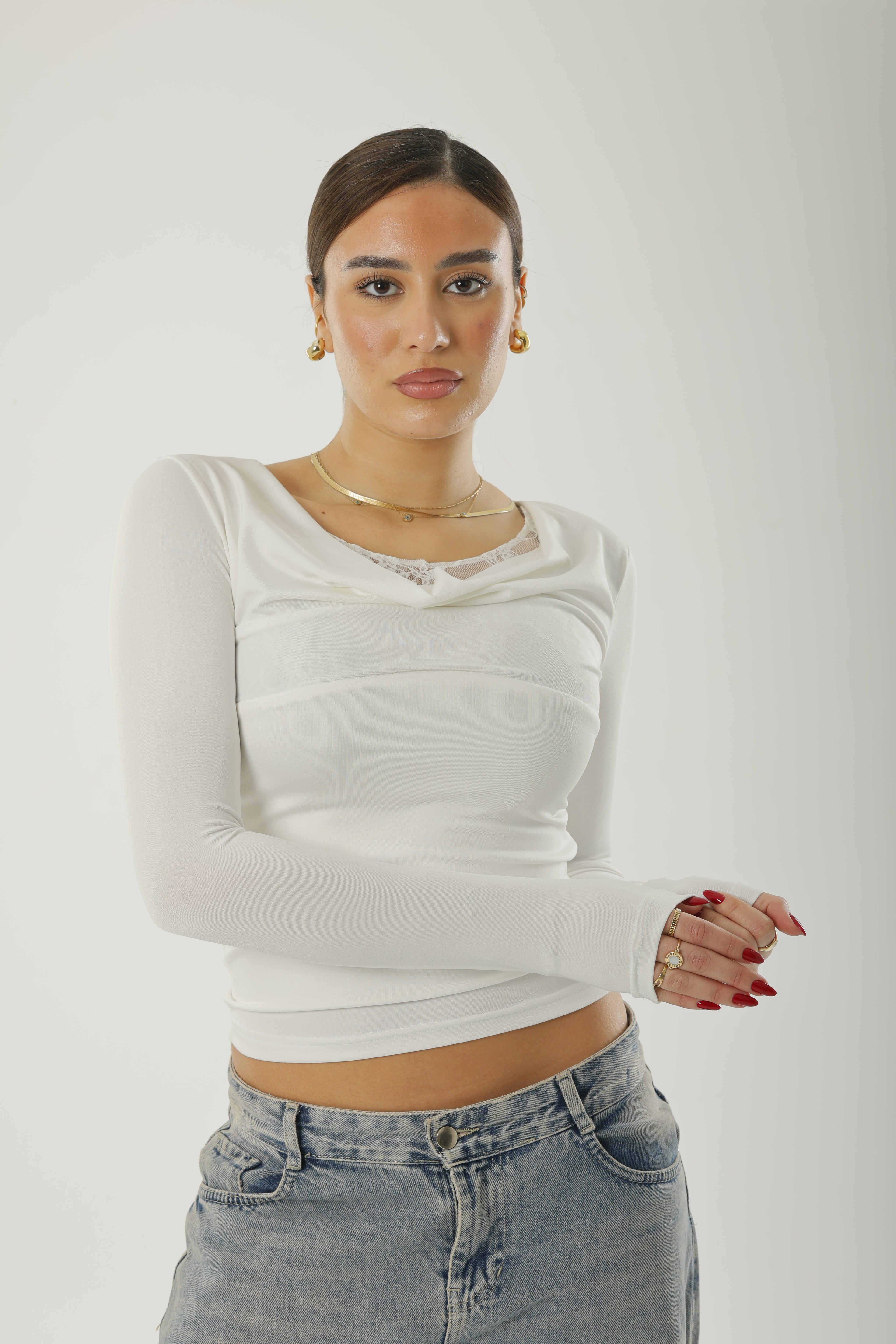 Frill Lace Basic Long Sleeve White