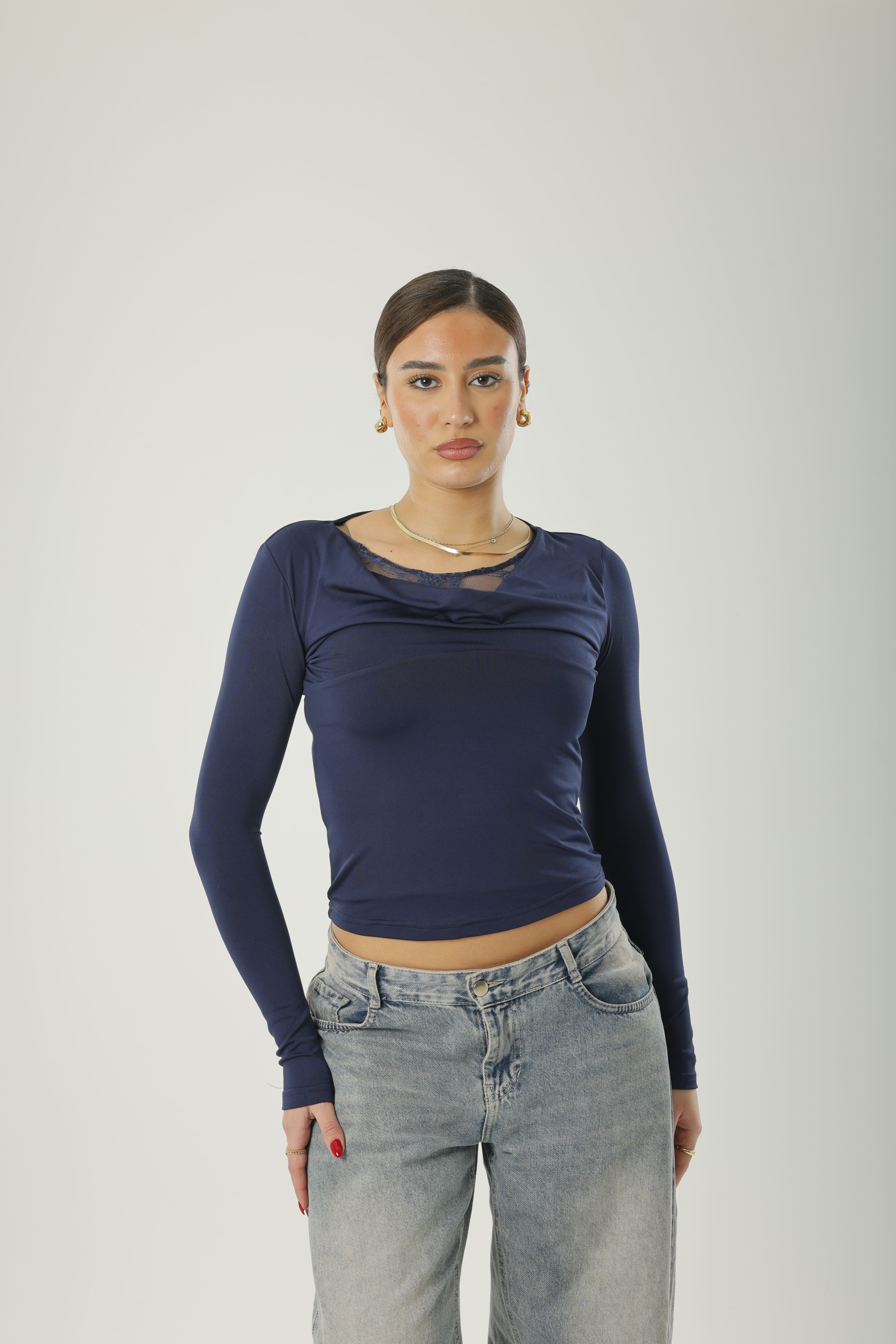 Frill Lace Basic Long Sleeve Navy-Blue