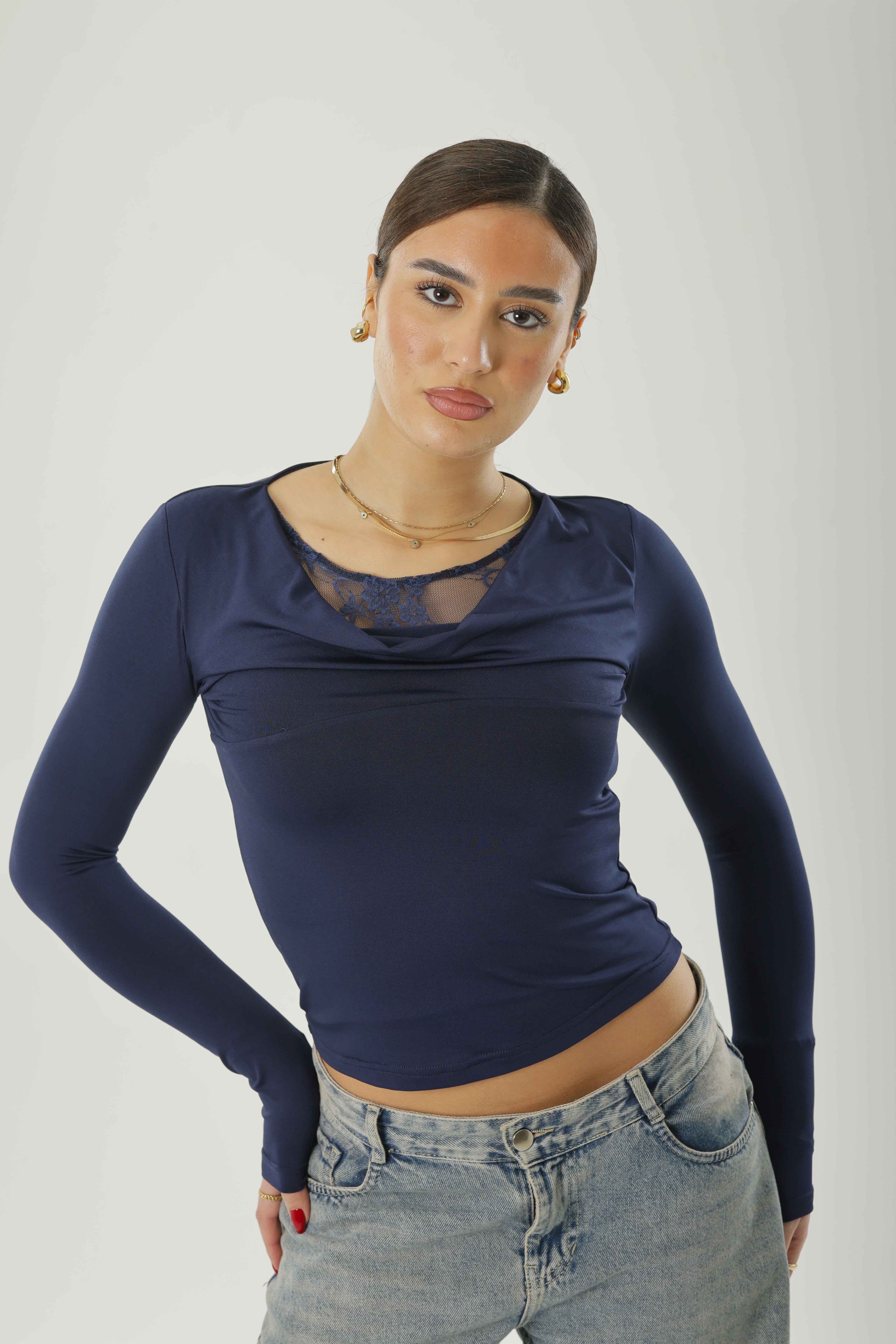 Frill Lace Basic Long Sleeve Navy-Blue