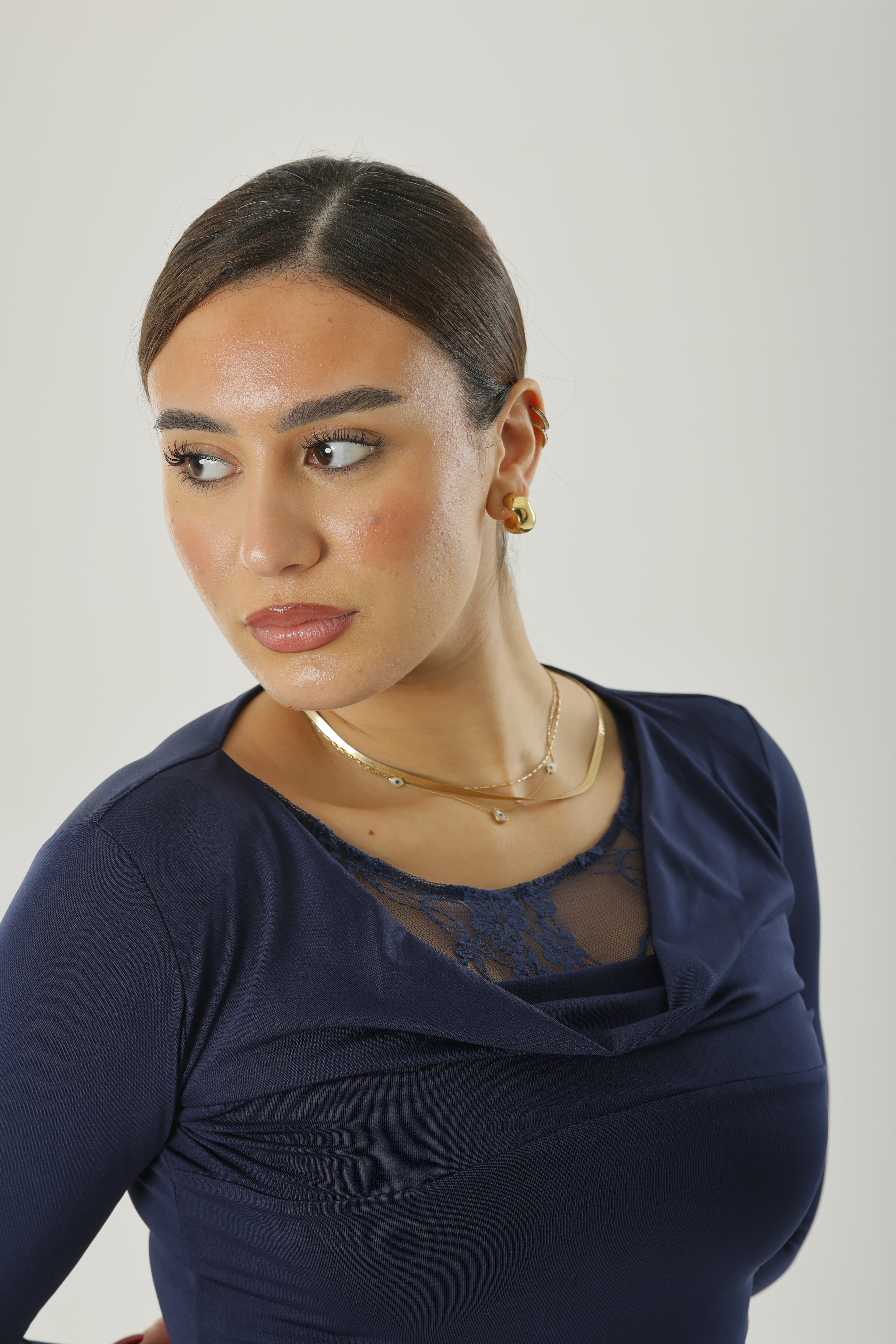 Frill Lace Basic Long Sleeve Navy-Blue