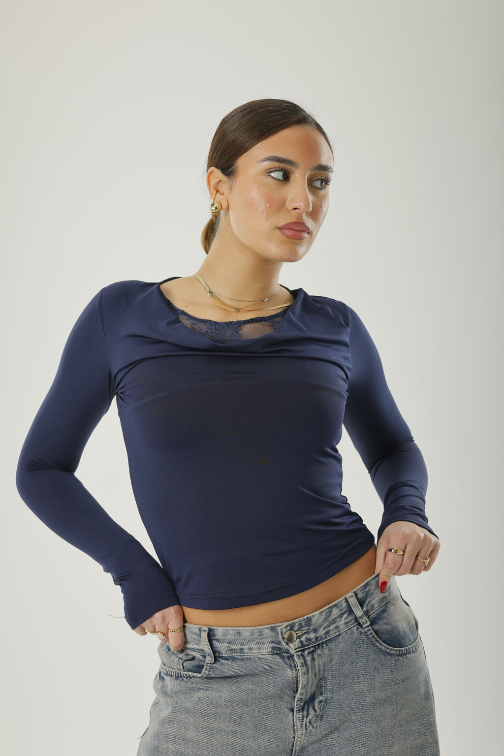 Frill Lace Basic Long Sleeve Navy-Blue