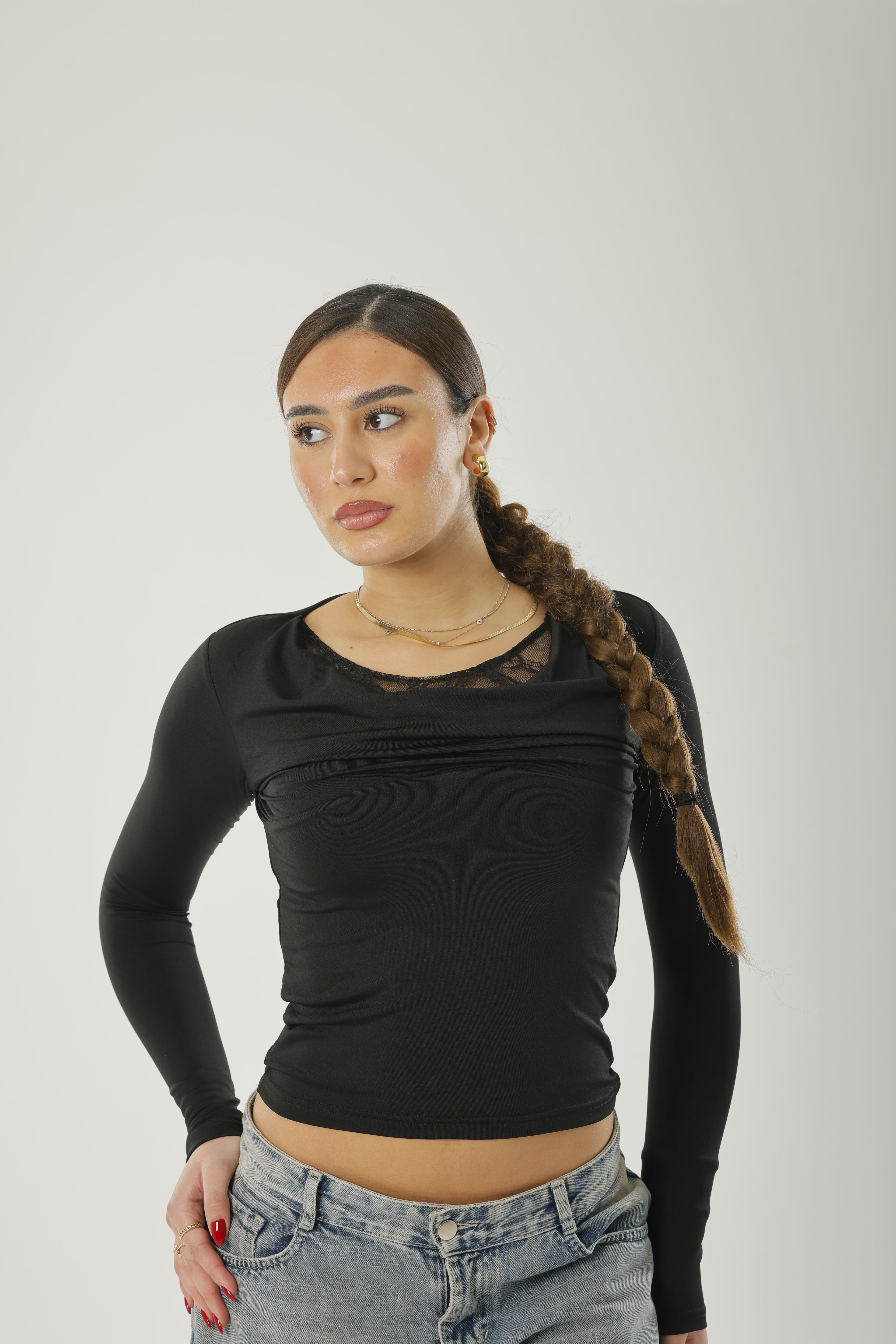 Frill Lace Basic Long Sleeve Black