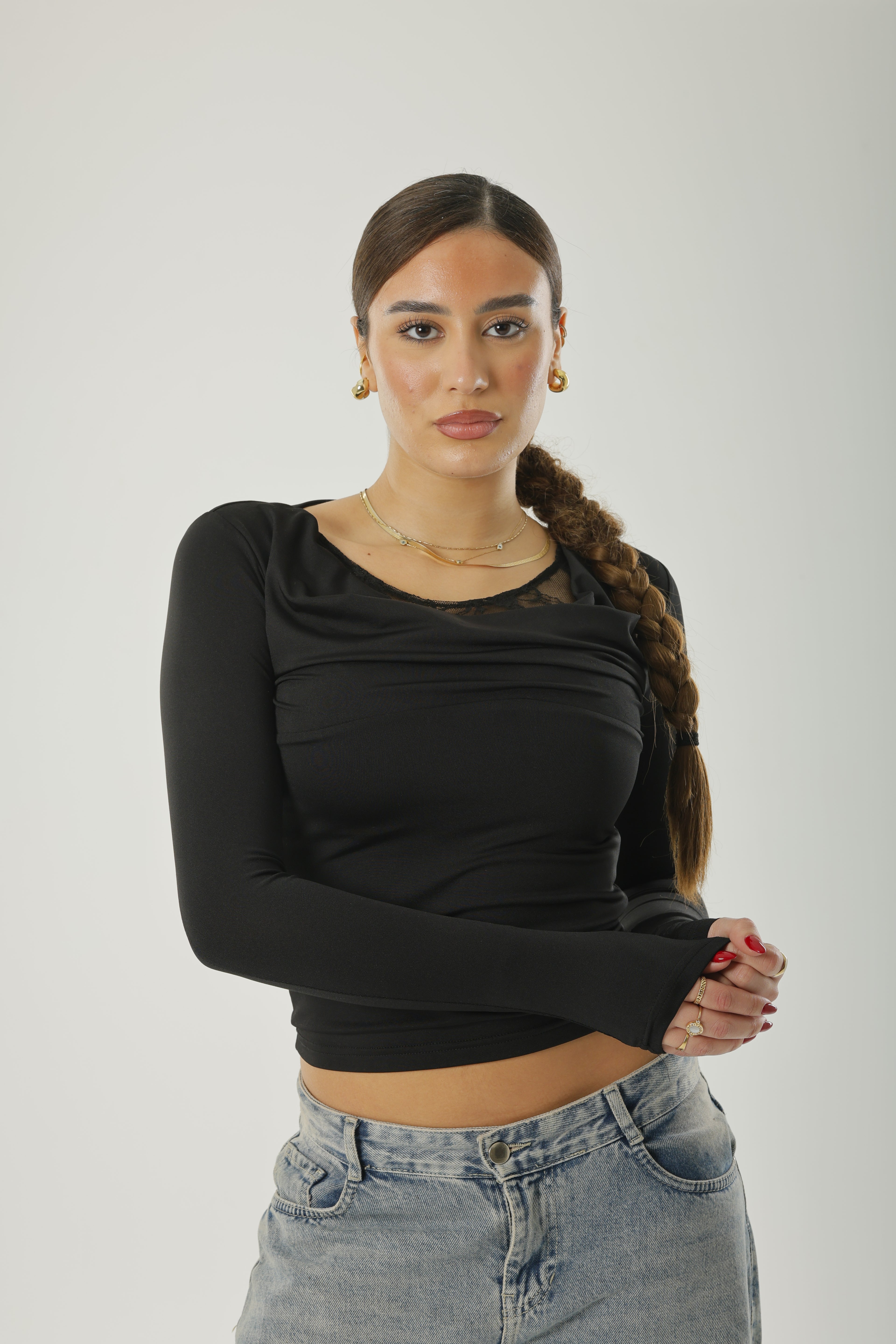 Frill Lace Basic Long Sleeve Black
