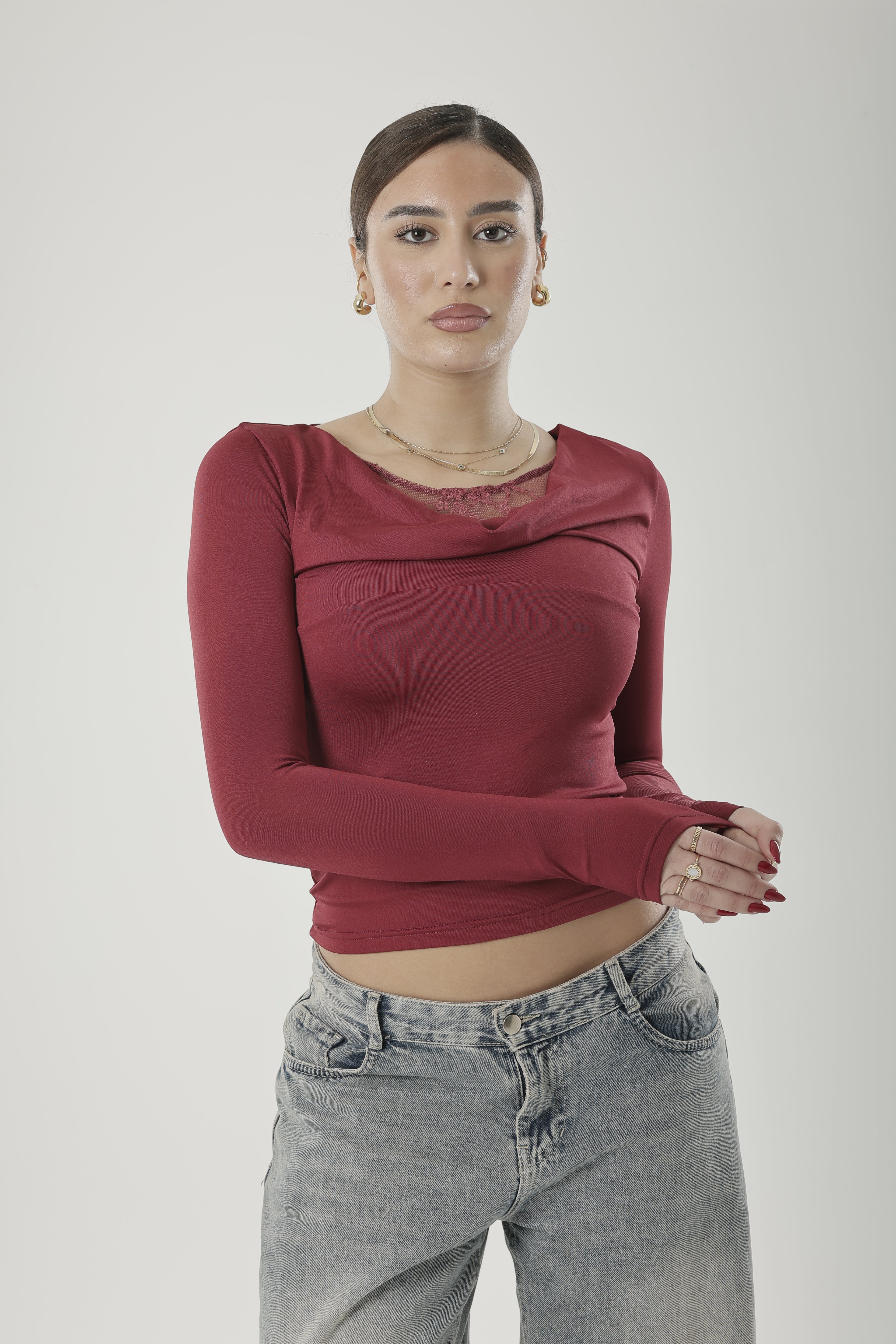 Frill Lace Basic Long Sleeve Burgundy