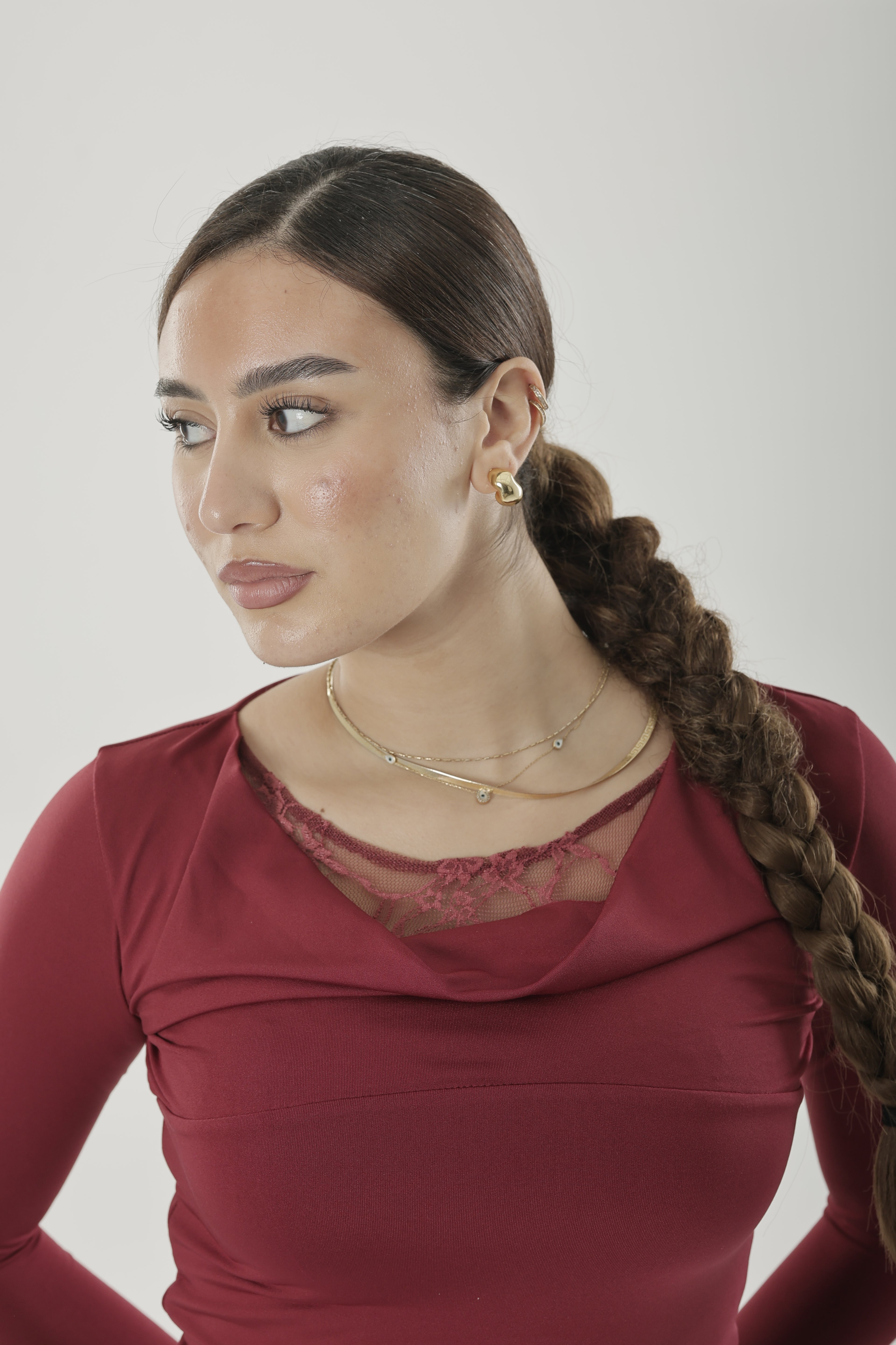 Frill Lace Basic Long Sleeve Burgundy