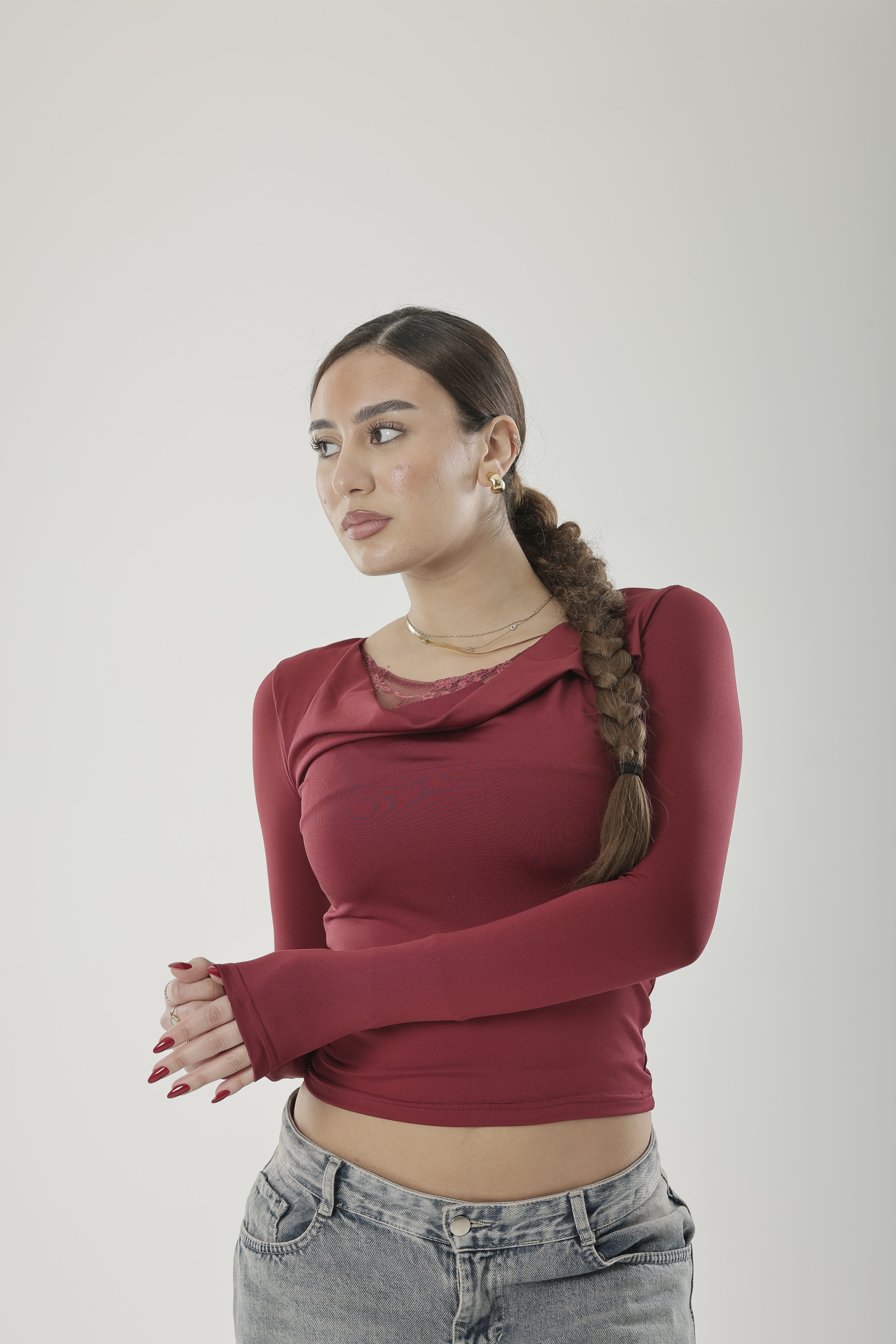 Frill Lace Basic Long Sleeve Burgundy