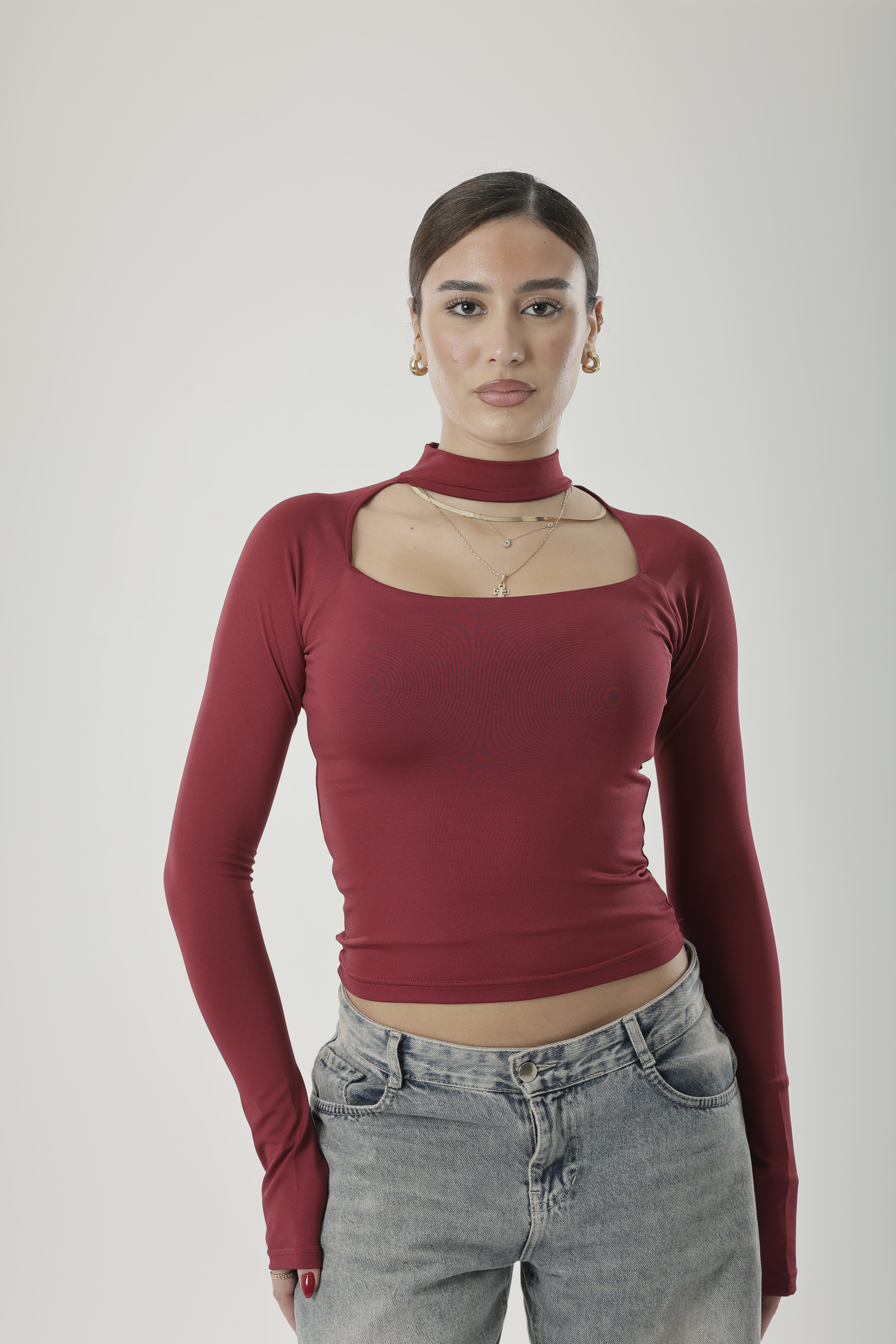 Square Neck Basic Long Sleeve Burgundy