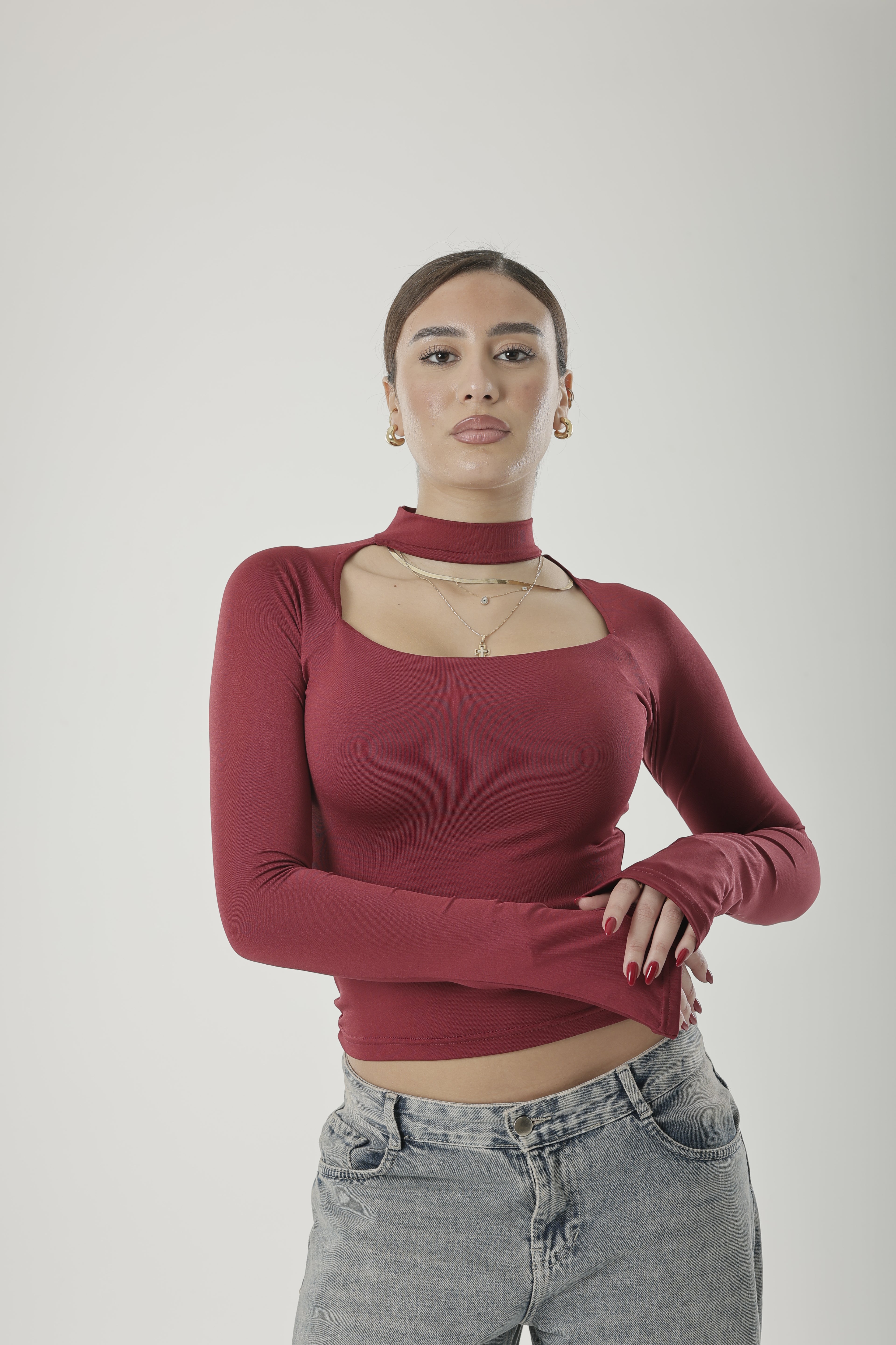Square Neck Basic Long Sleeve Burgundy