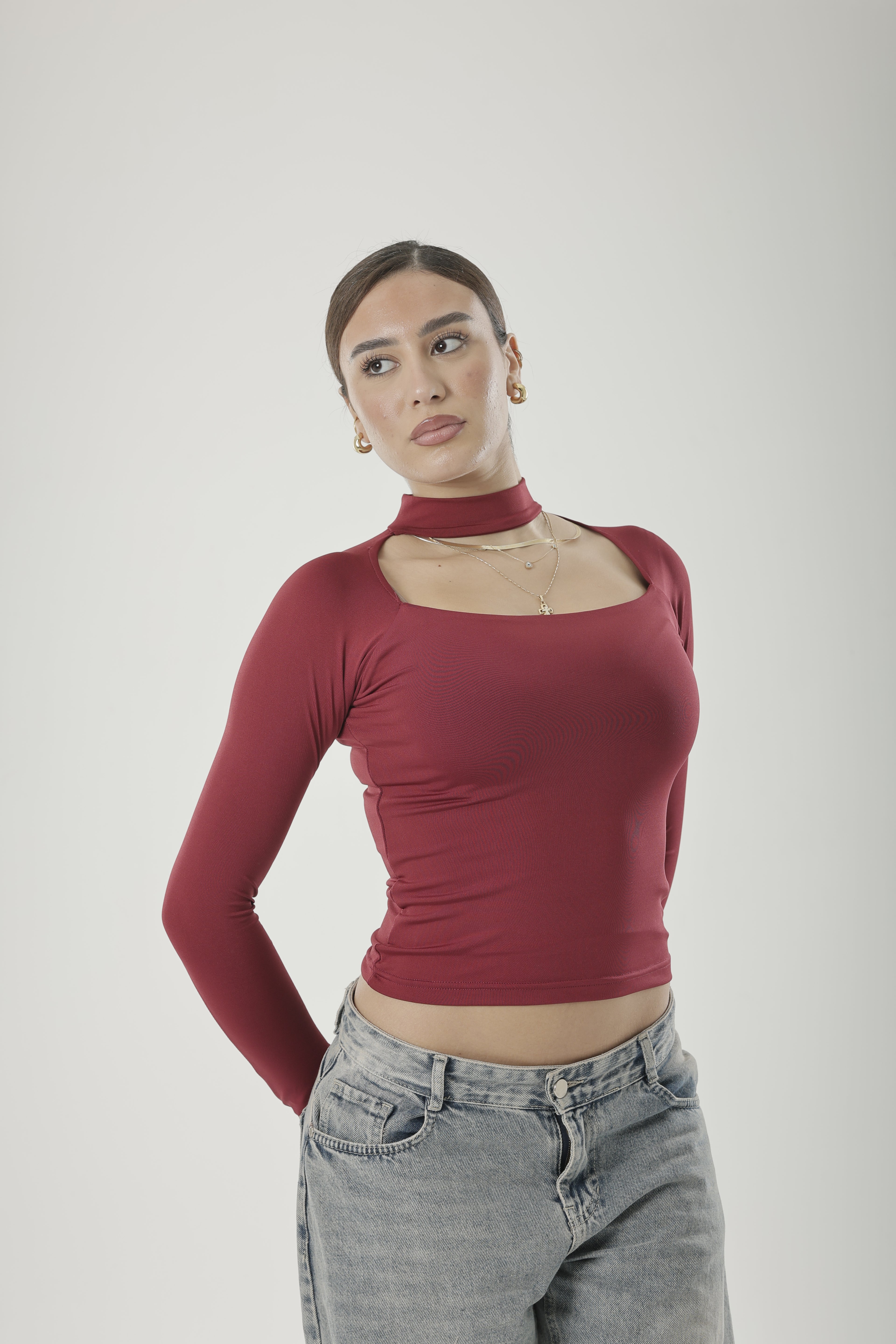 Square Neck Basic Long Sleeve Burgundy