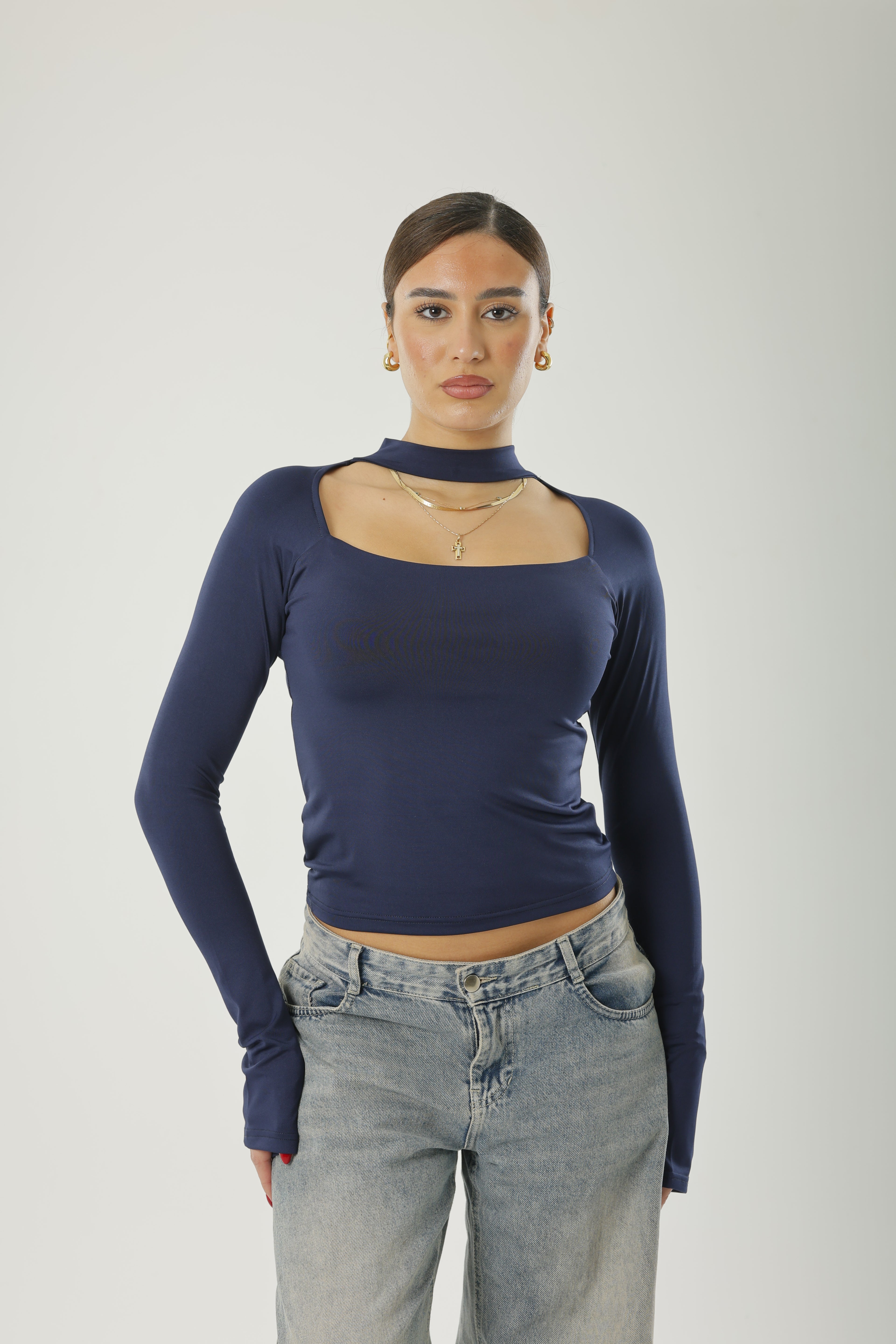 Square Neck Basic Long Sleeve Navy-Blue