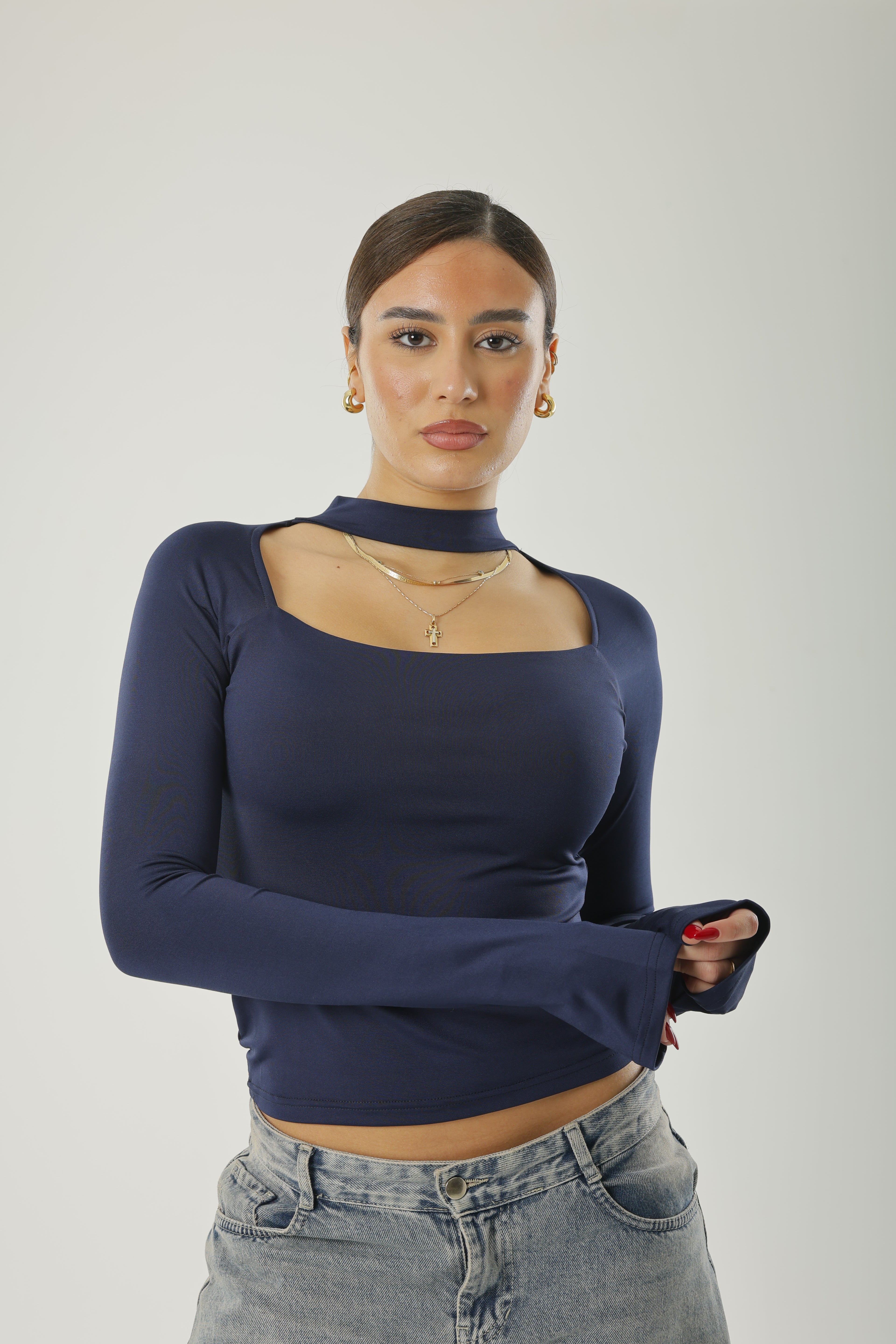 Square Neck Basic Long Sleeve Navy-Blue