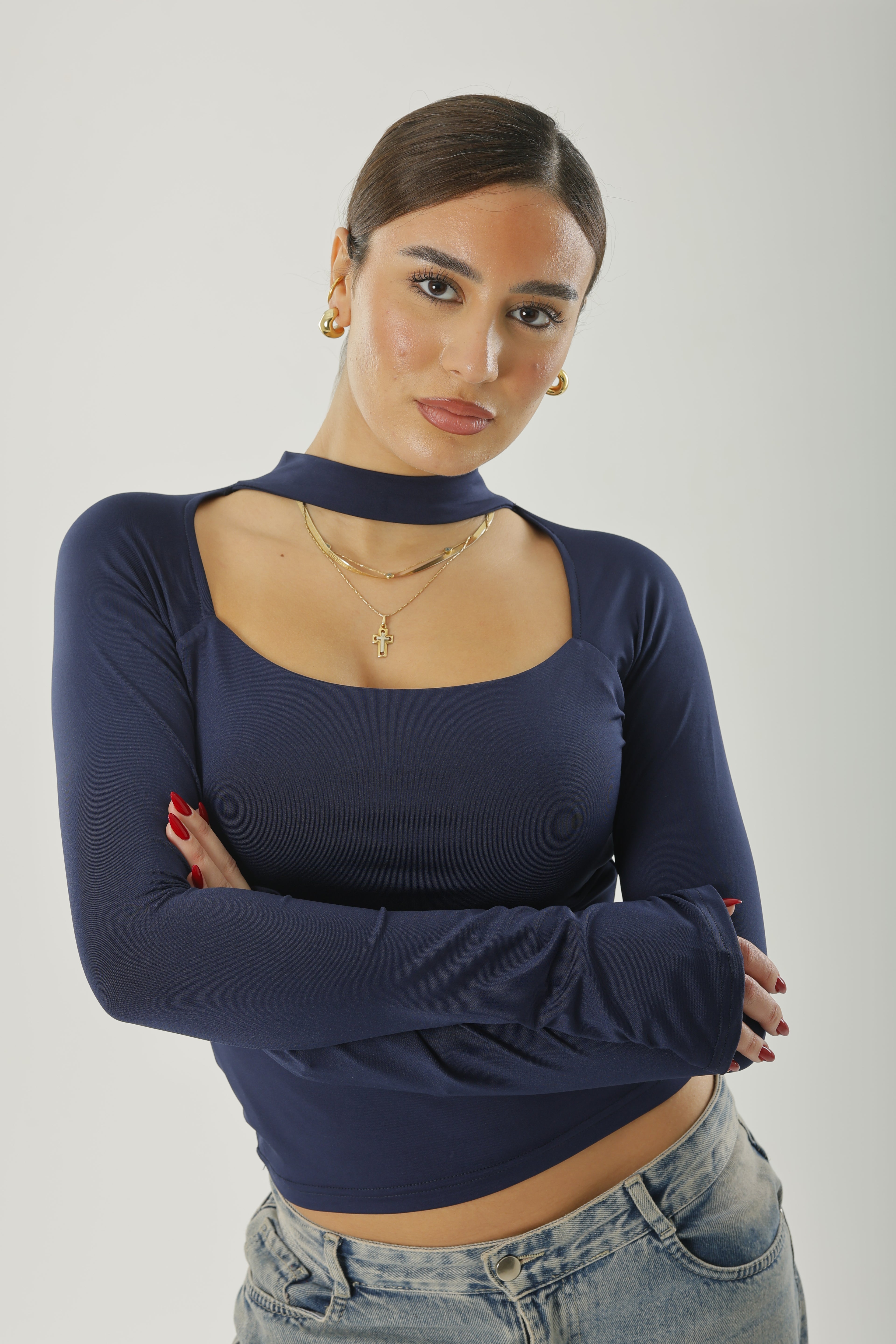 Square Neck Basic Long Sleeve Navy-Blue