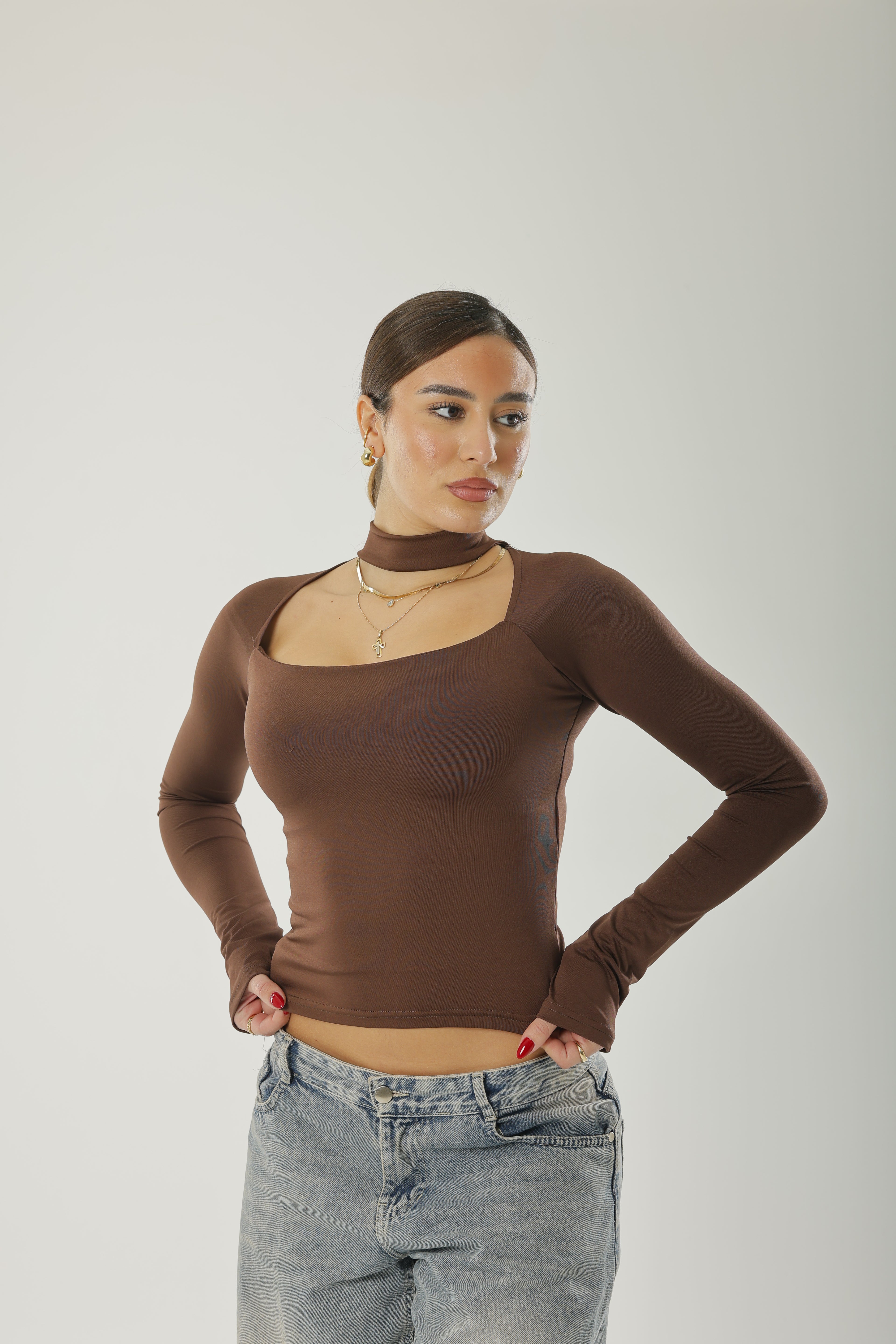 Square Neck Basic Long Sleeve Brown