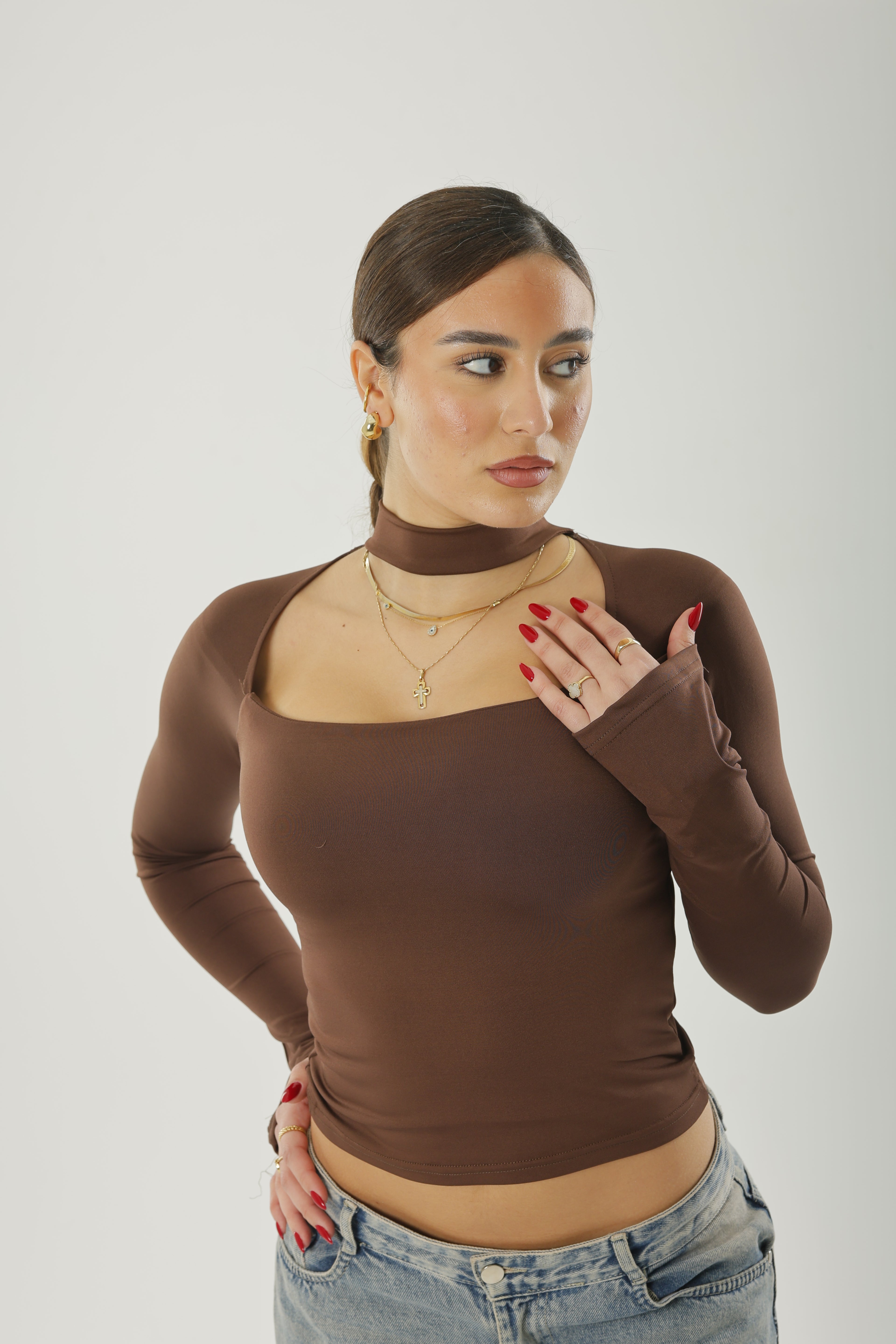 Square Neck Basic Long Sleeve Brown
