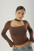 Square Neck Basic Long Sleeve Brown