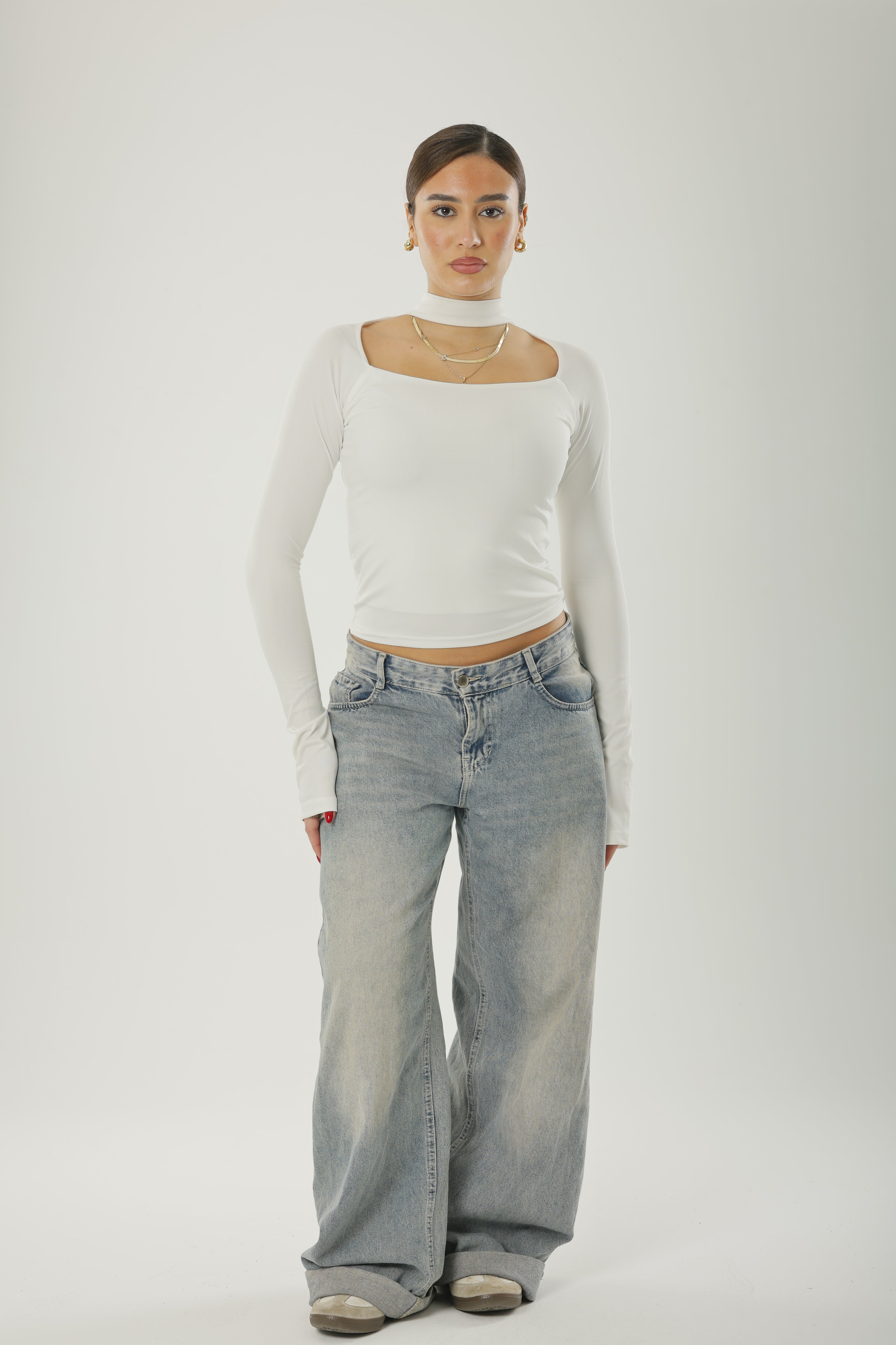 Square Neck Basic Long Sleeve White