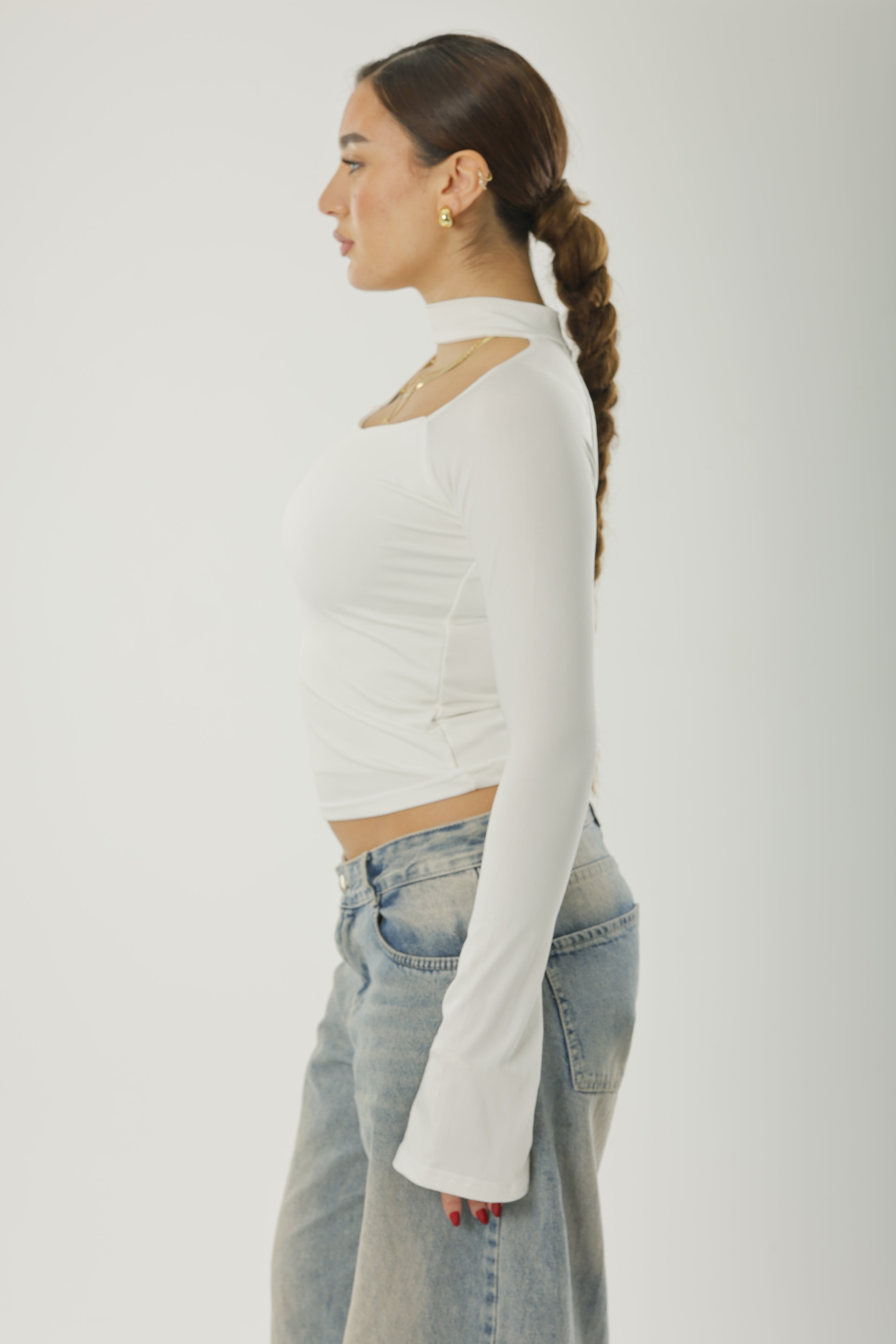 Square Neck Basic Long Sleeve White