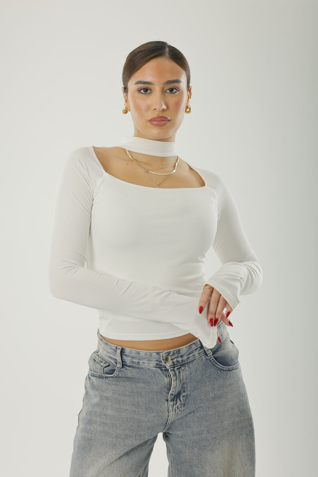 Square Neck Basic Long Sleeve White
