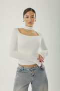 Square Neck Basic Long Sleeve White