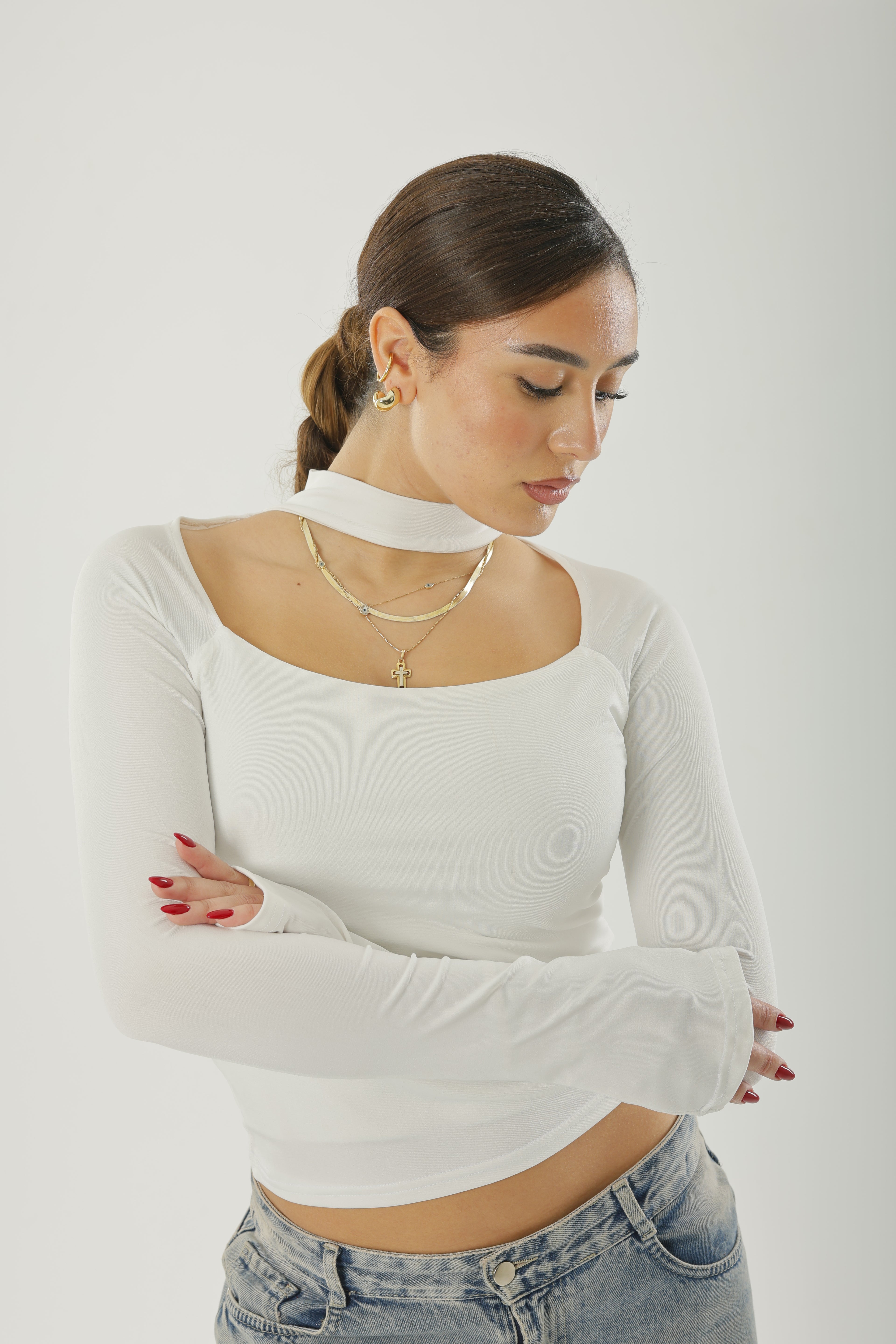 Square Neck Basic Long Sleeve White