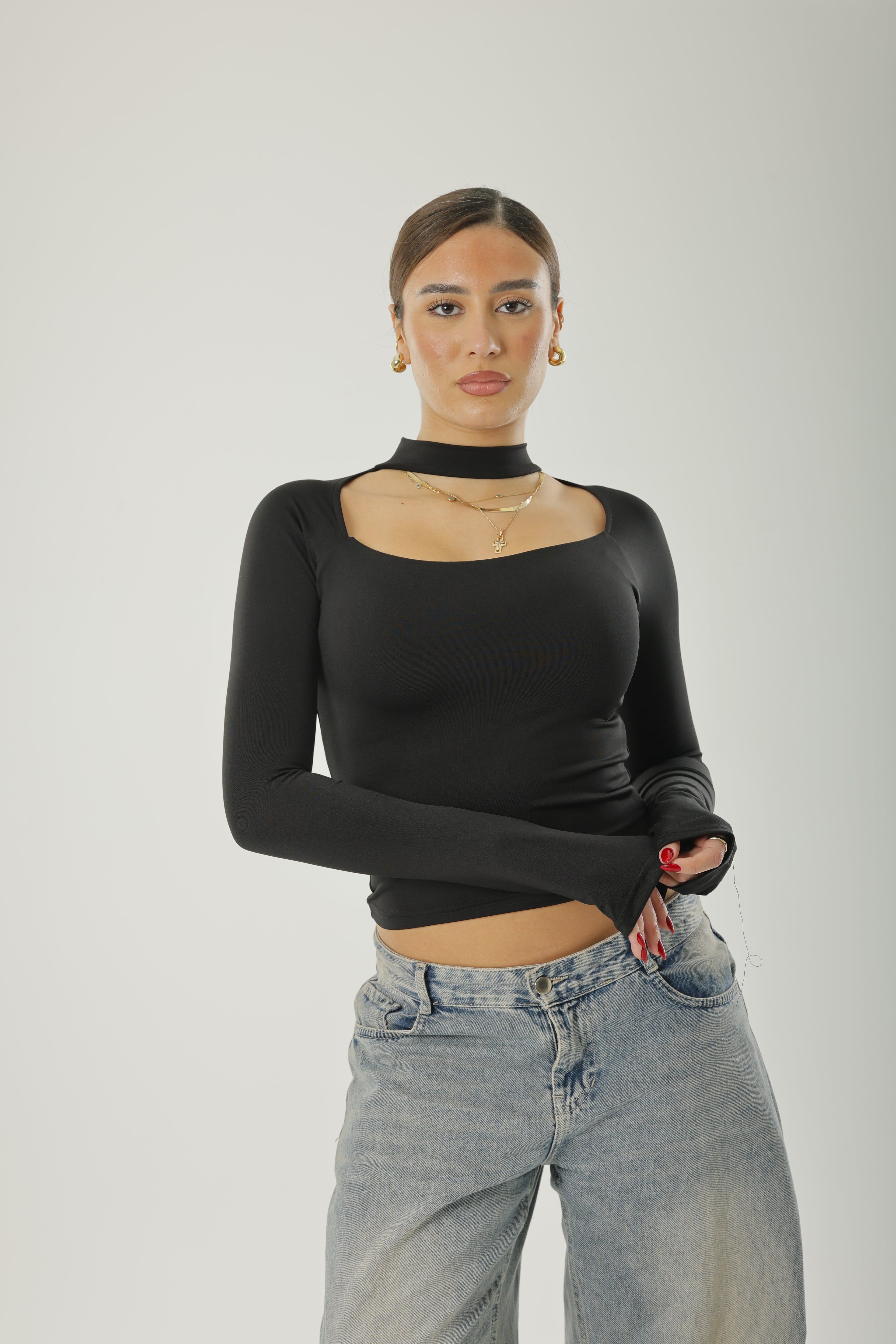 Square Neck Basic Long Sleeve Black