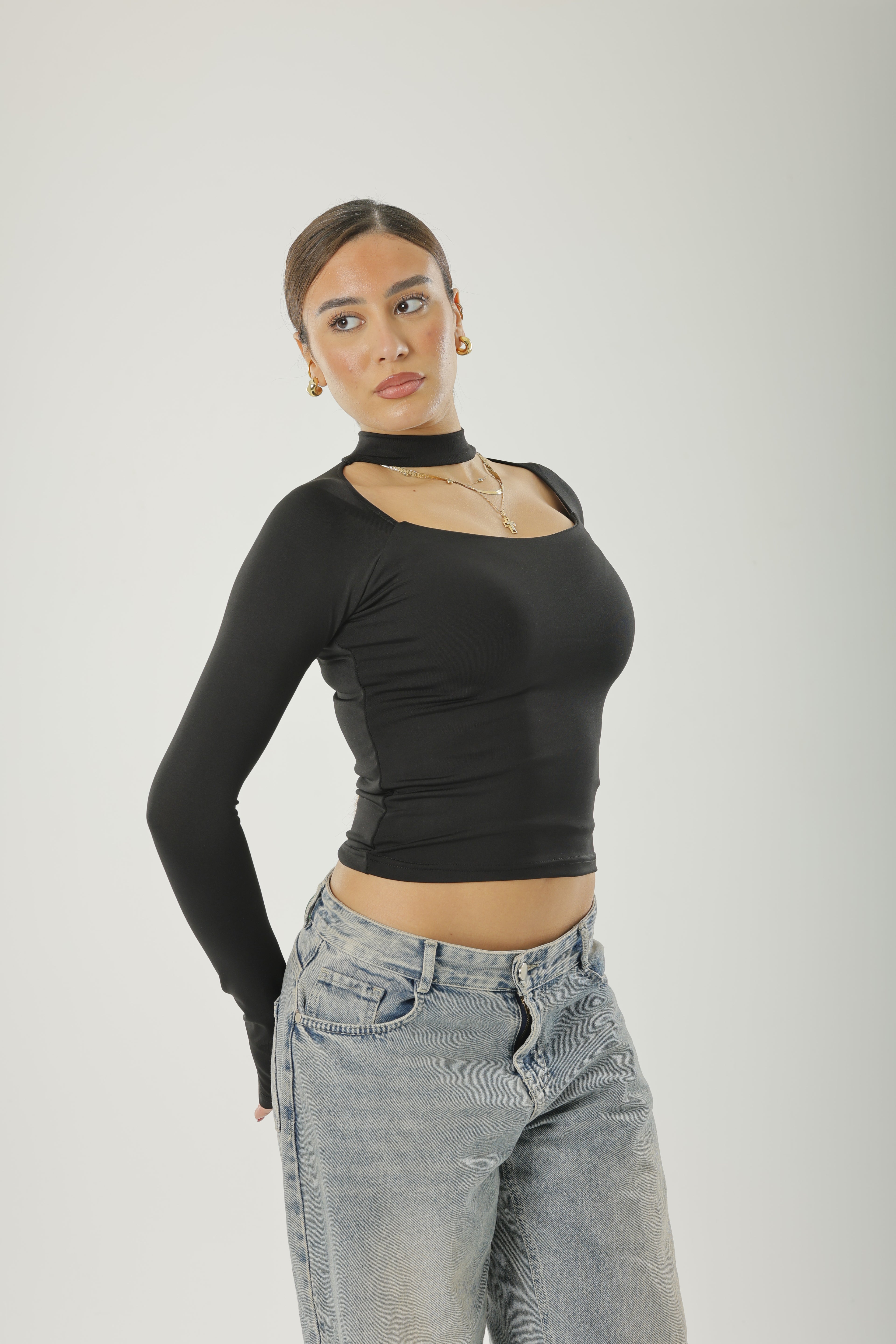 Square Neck Basic Long Sleeve Black