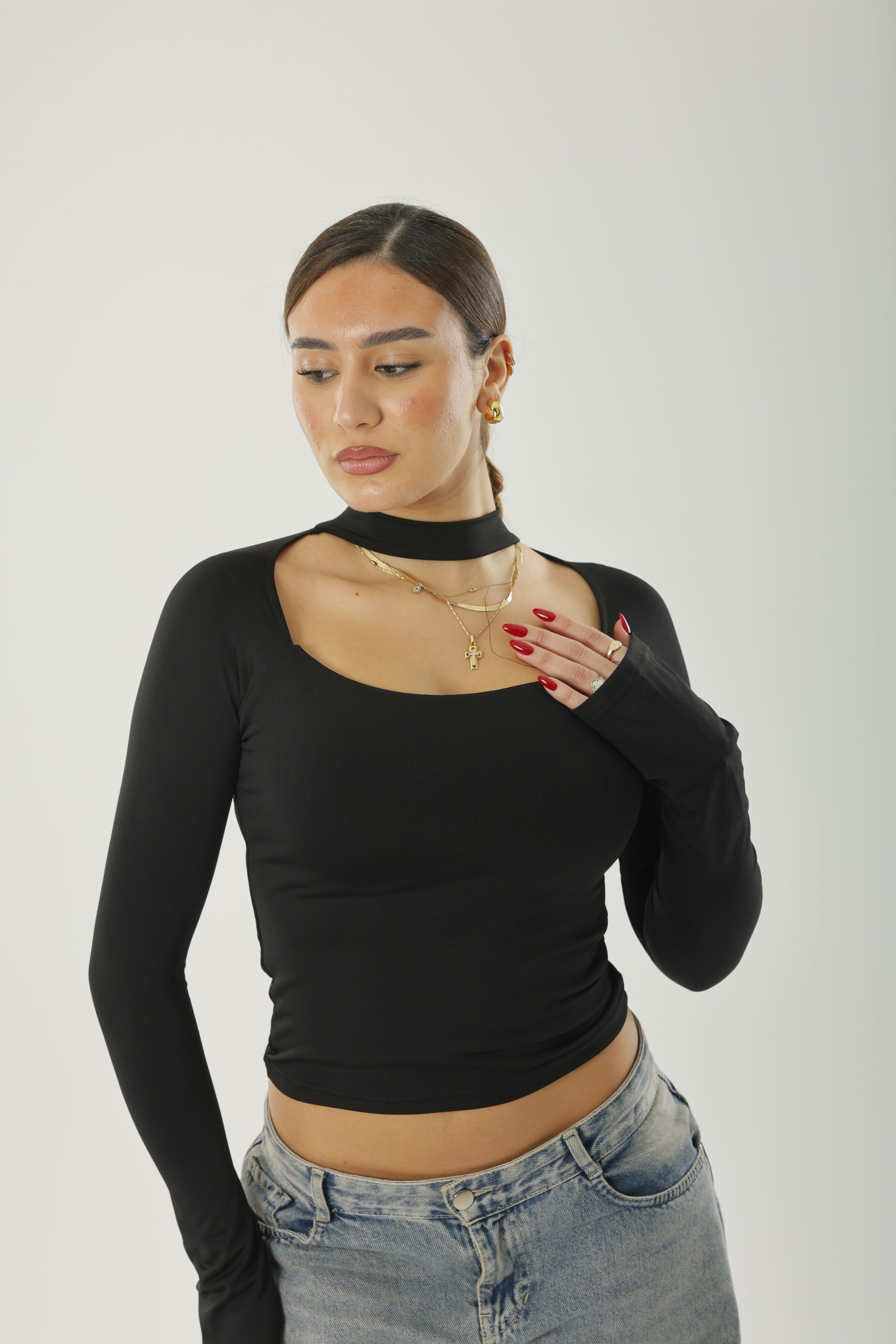 Square Neck Basic Long Sleeve Black