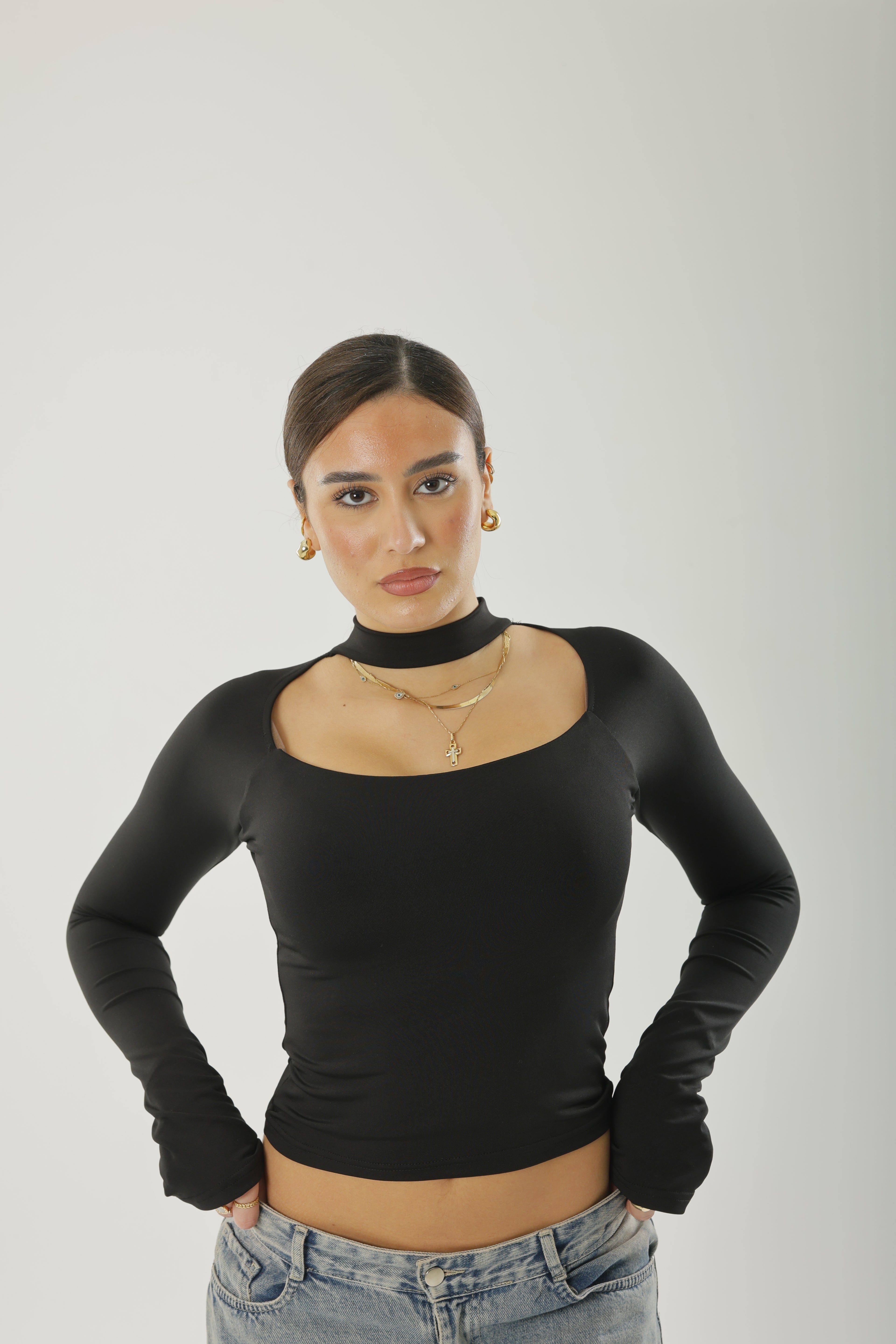 Square Neck Basic Long Sleeve Black
