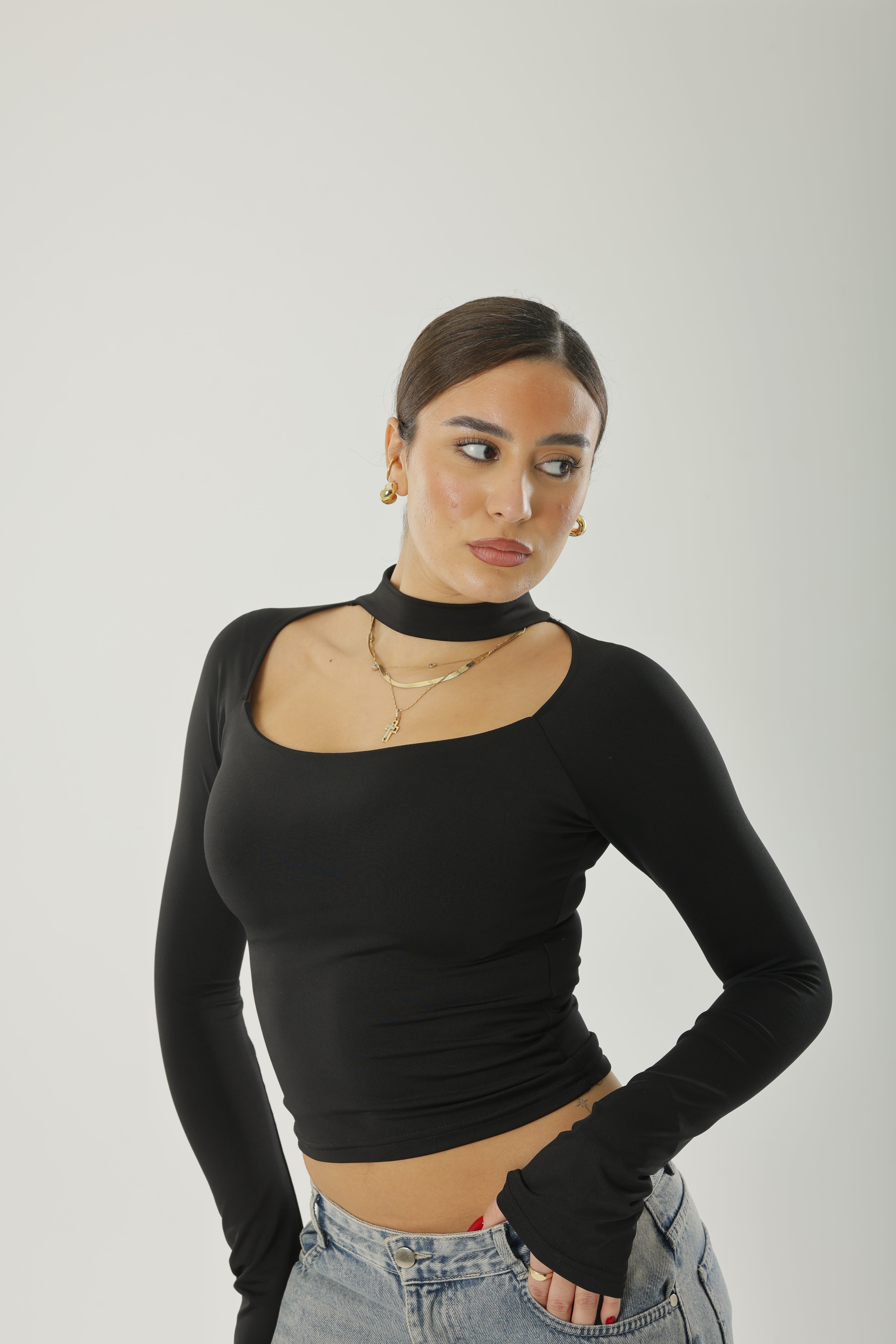Square Neck Basic Long Sleeve Black