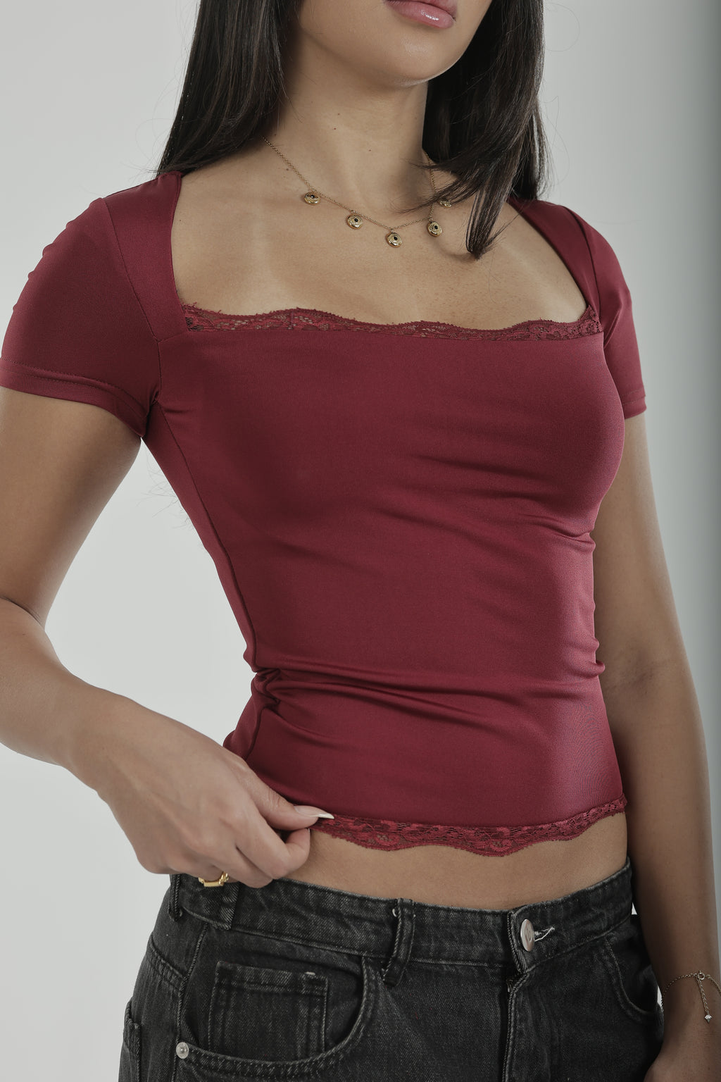 Soft Girl Lace Basic Top Burgundy