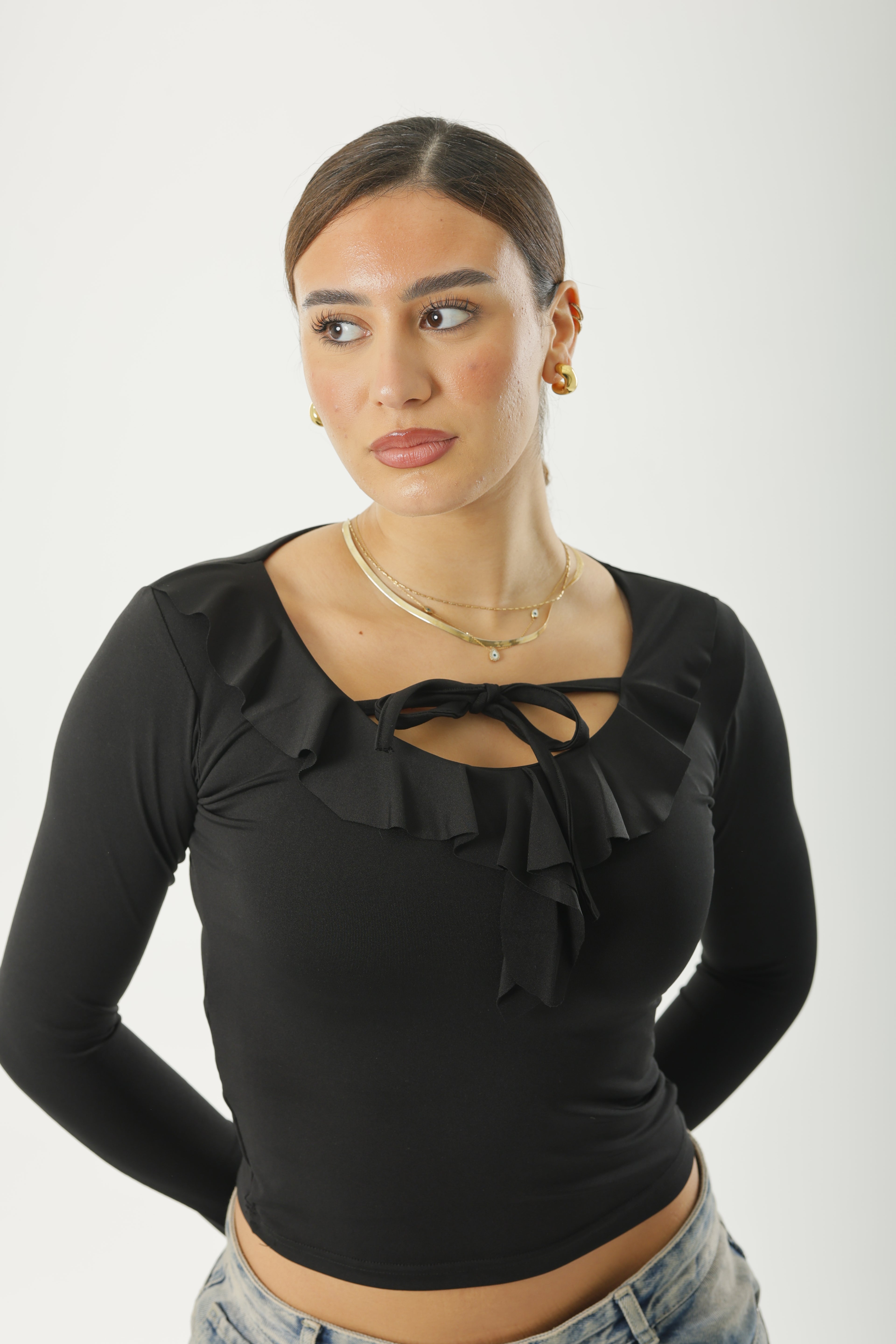 Ruffle Bow Basic Long Sleeve Black