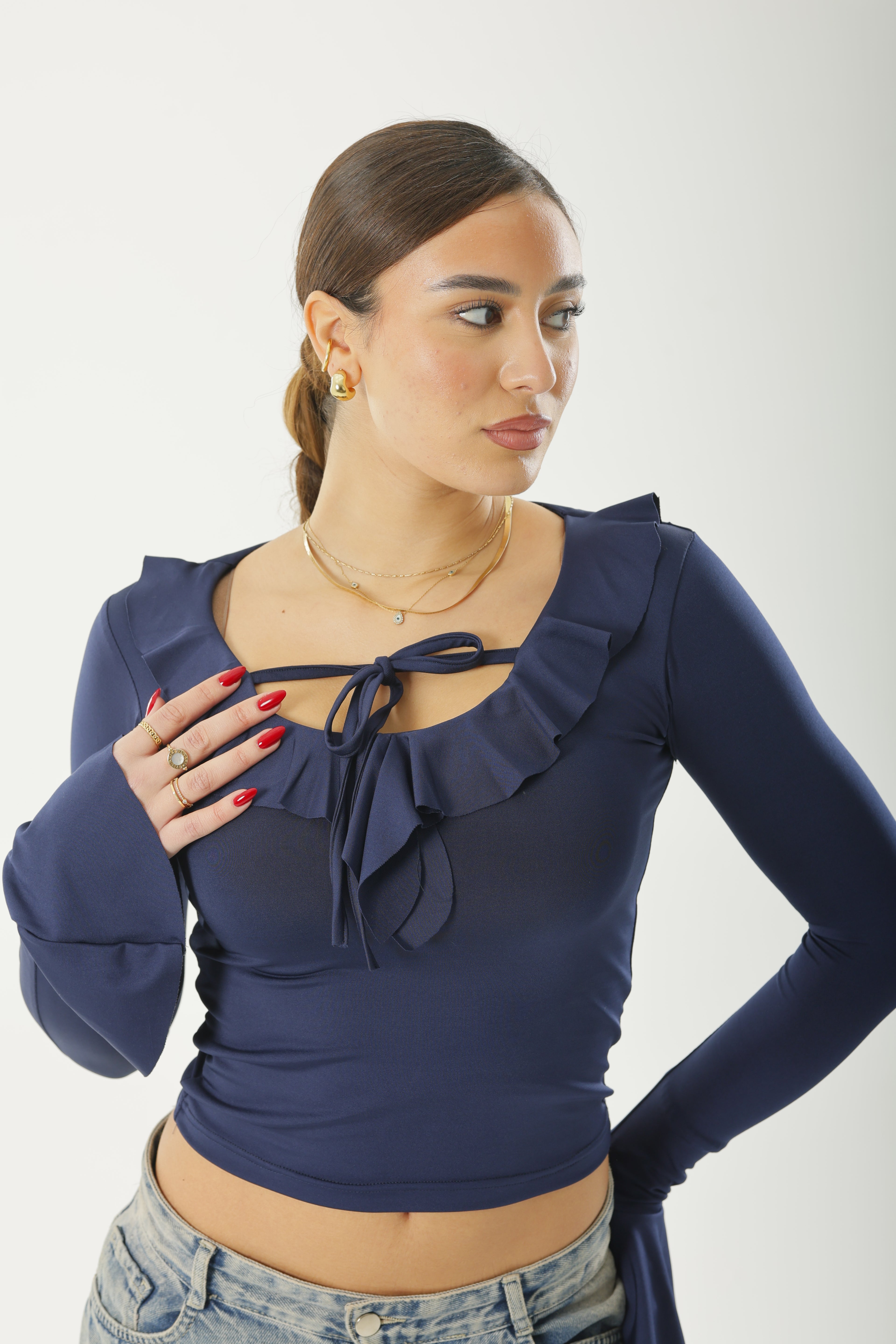 Ruffle Bow Basic Long Sleeve Navy-Blue