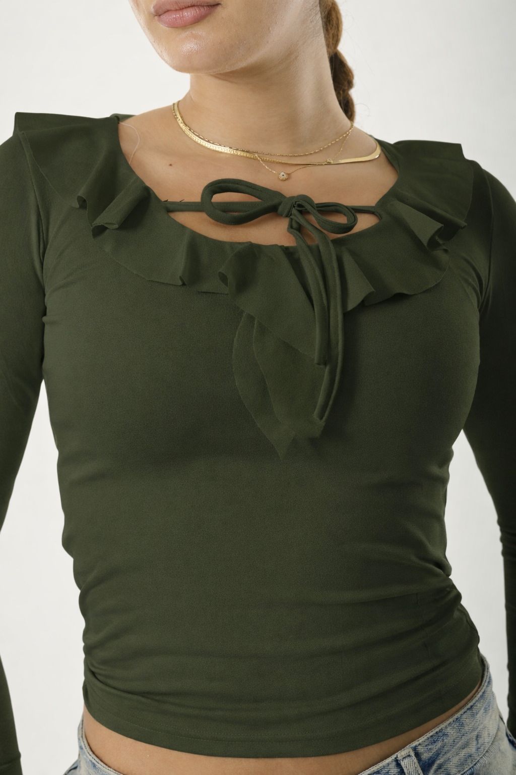 Ruffle Bow Basic Long Sleeve Olive