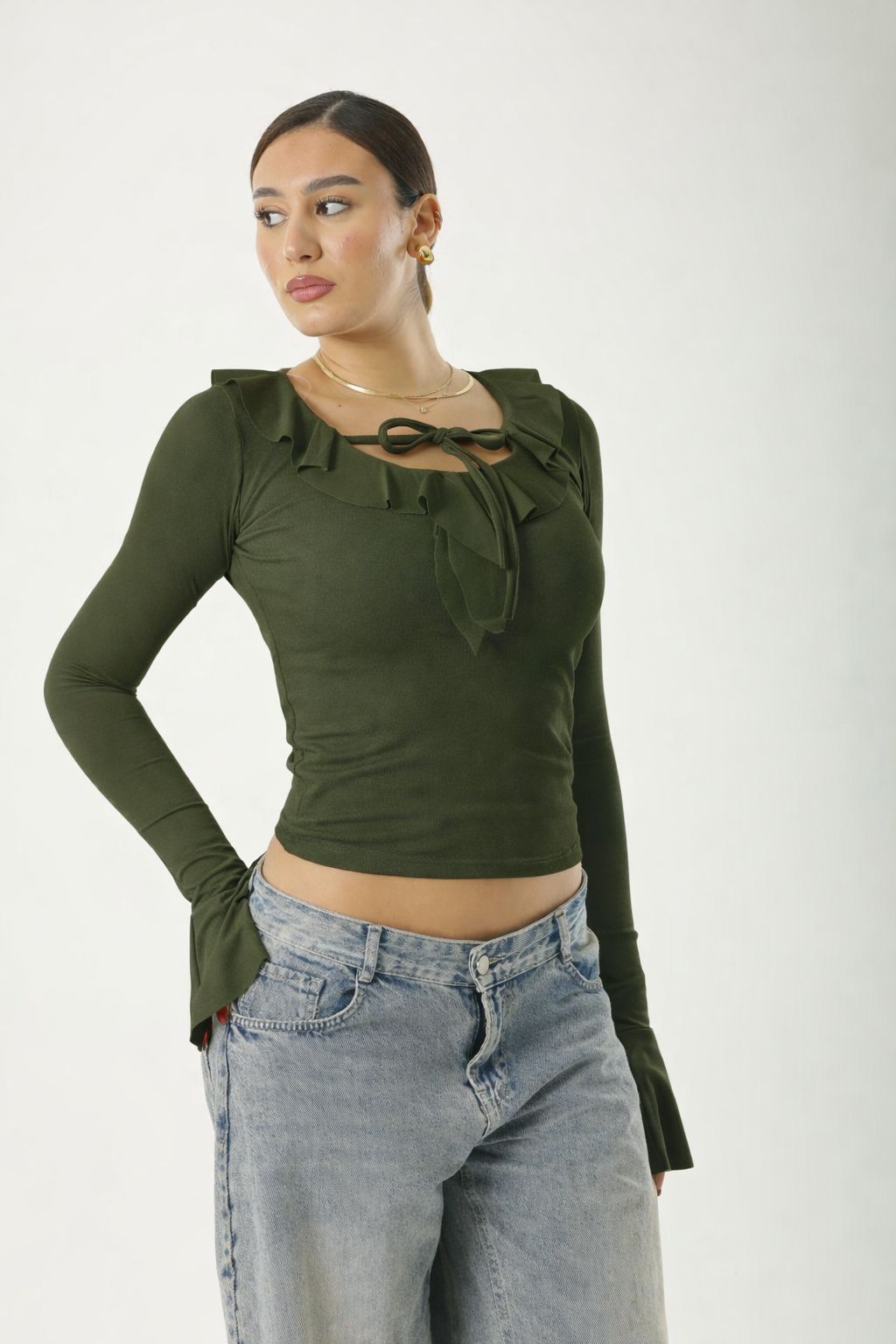 Ruffle Bow Basic Long Sleeve Olive