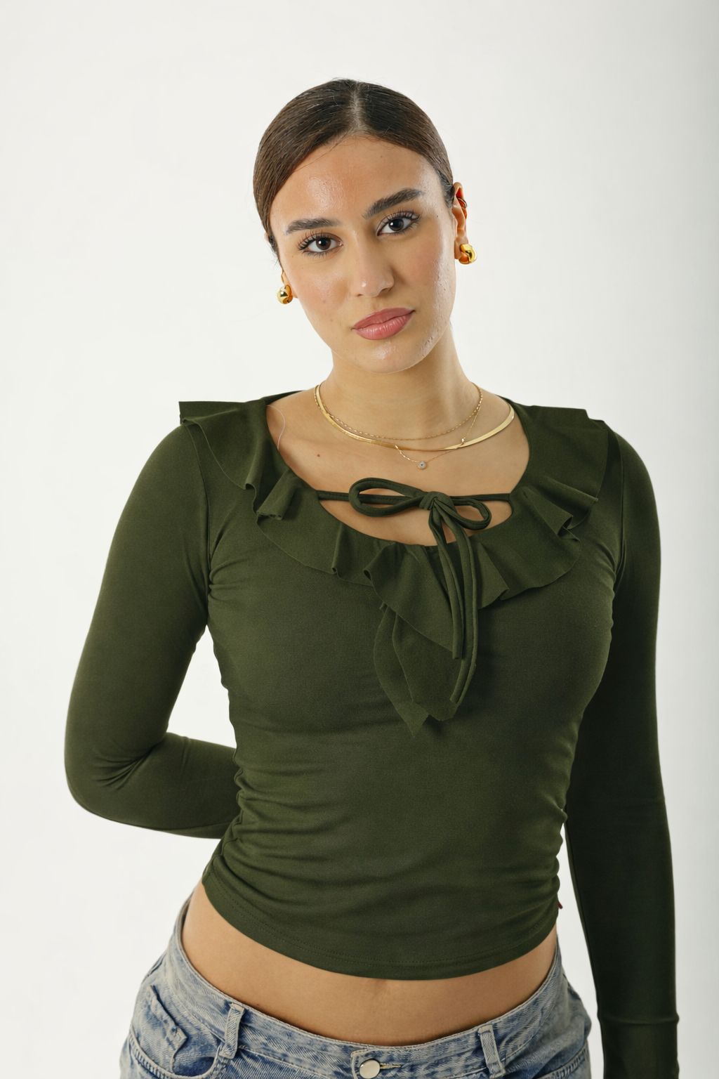 Ruffle Bow Basic Long Sleeve Olive
