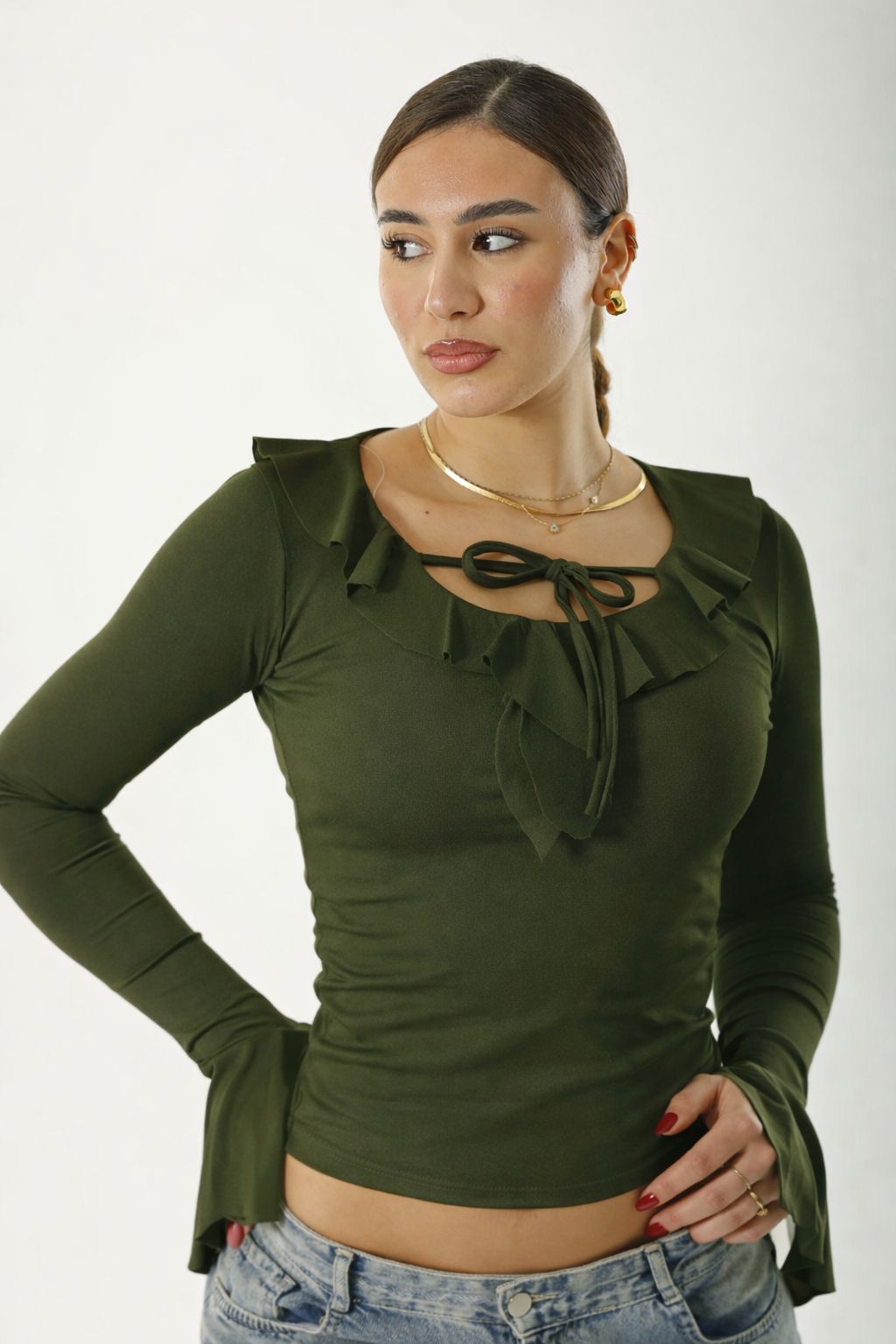 Ruffle Bow Basic Long Sleeve Olive